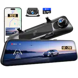 pelsee - 4K+2.5K Mirror Dash Cam Front/Rear, 8MP Sensor, Telephoto Lens, Full-Color Night Vision, WiFi 6, 64GB Card - Black