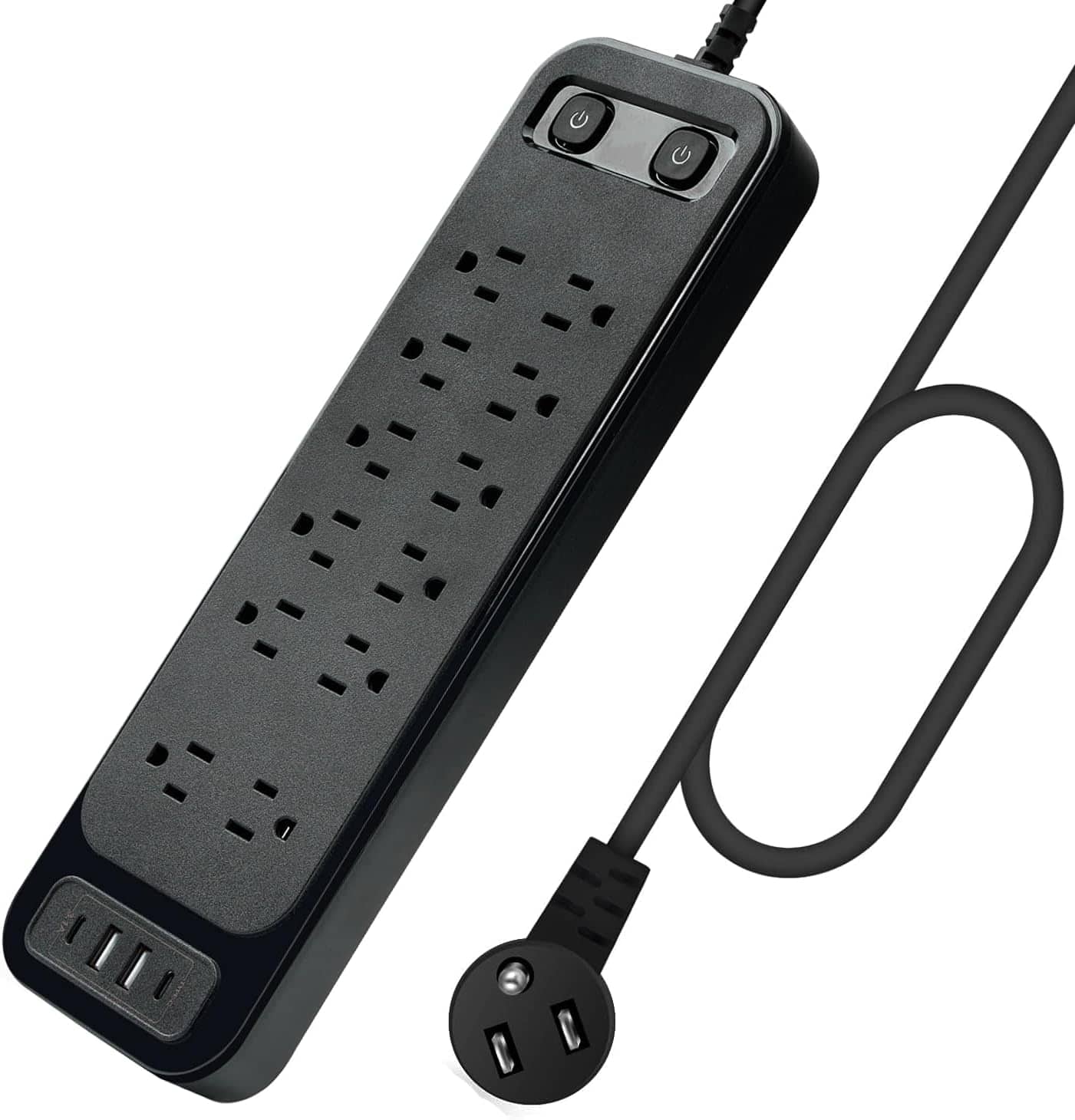 Dazzed Corner - 10FT Power Strip, 12 Outlets & 4 USB Ports (2 USB-C), Surge Protected - Black