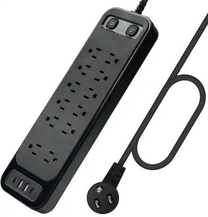 Front. Dazzed Corner - 10FT Power Strip, 12 Outlets & 4 USB Ports (2 USB-C), Surge Protected - Black.