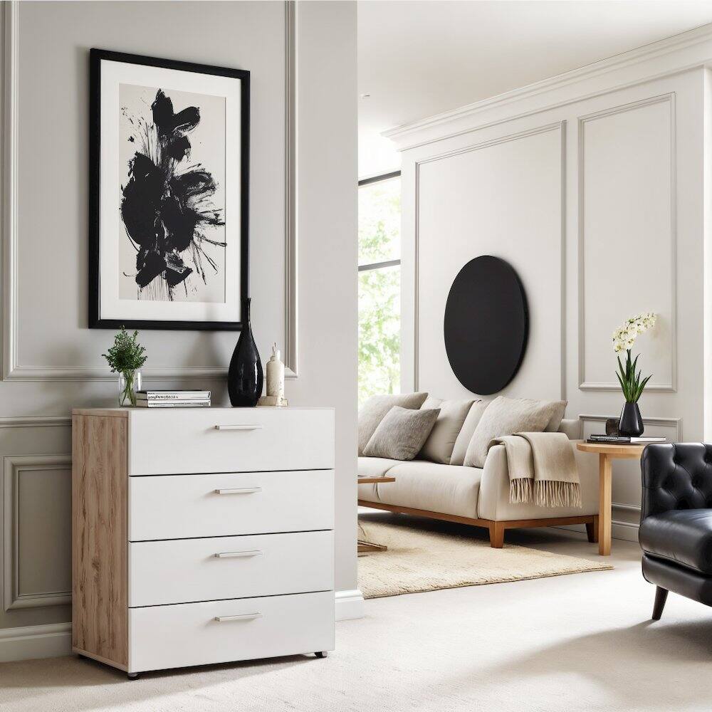 Back. FurniFact - White Wooden Dresser - 4 Drawer Bedroom Furniture for Storage and Organization - Oak Structure/White High Gloss.