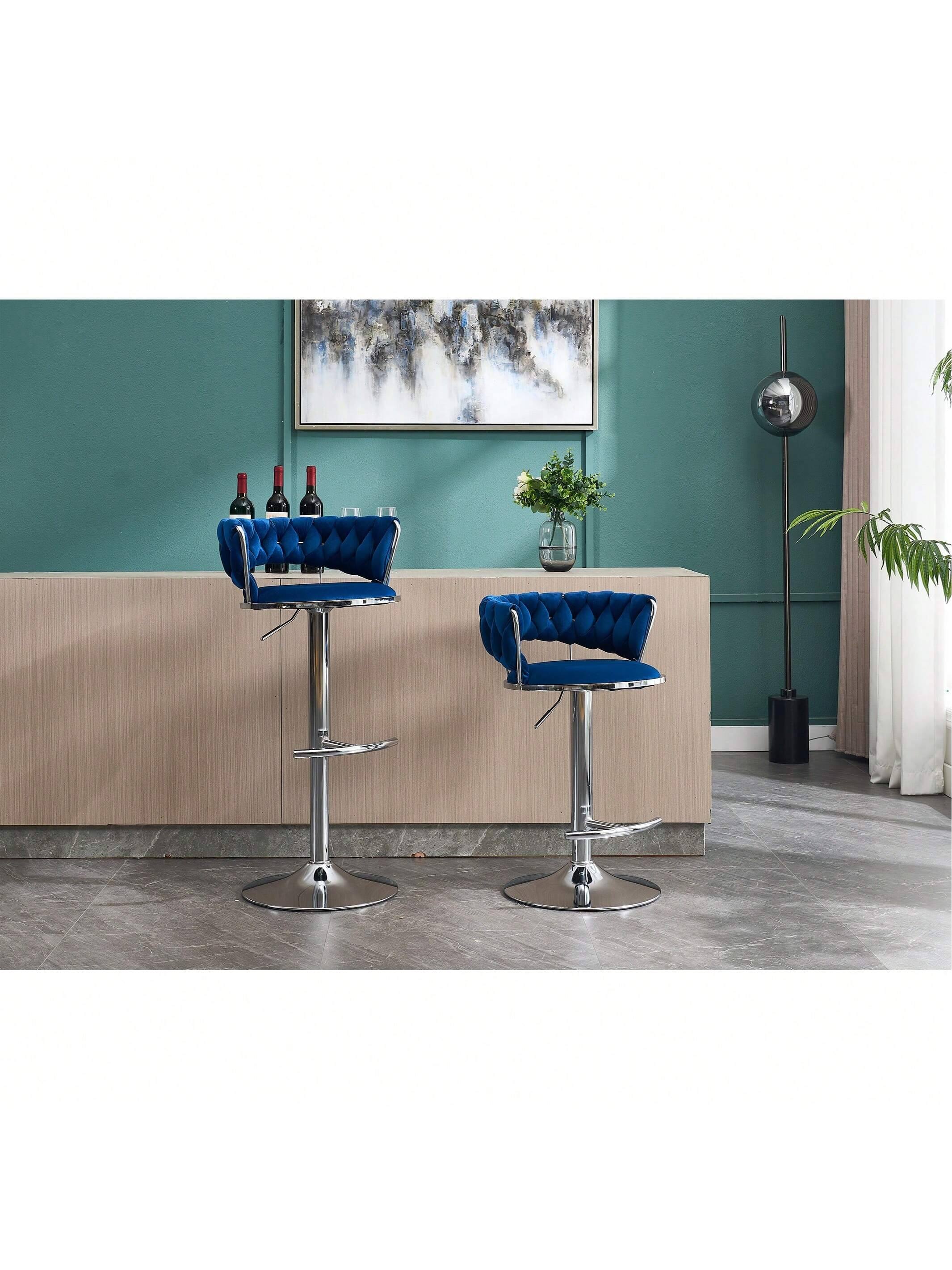 Back. Trinkets Crazed - Velvet Bar Stools Set Of 2, Modern Swivel Barstools With Woven Backrest, Adjustable Counter Stools - Blue.