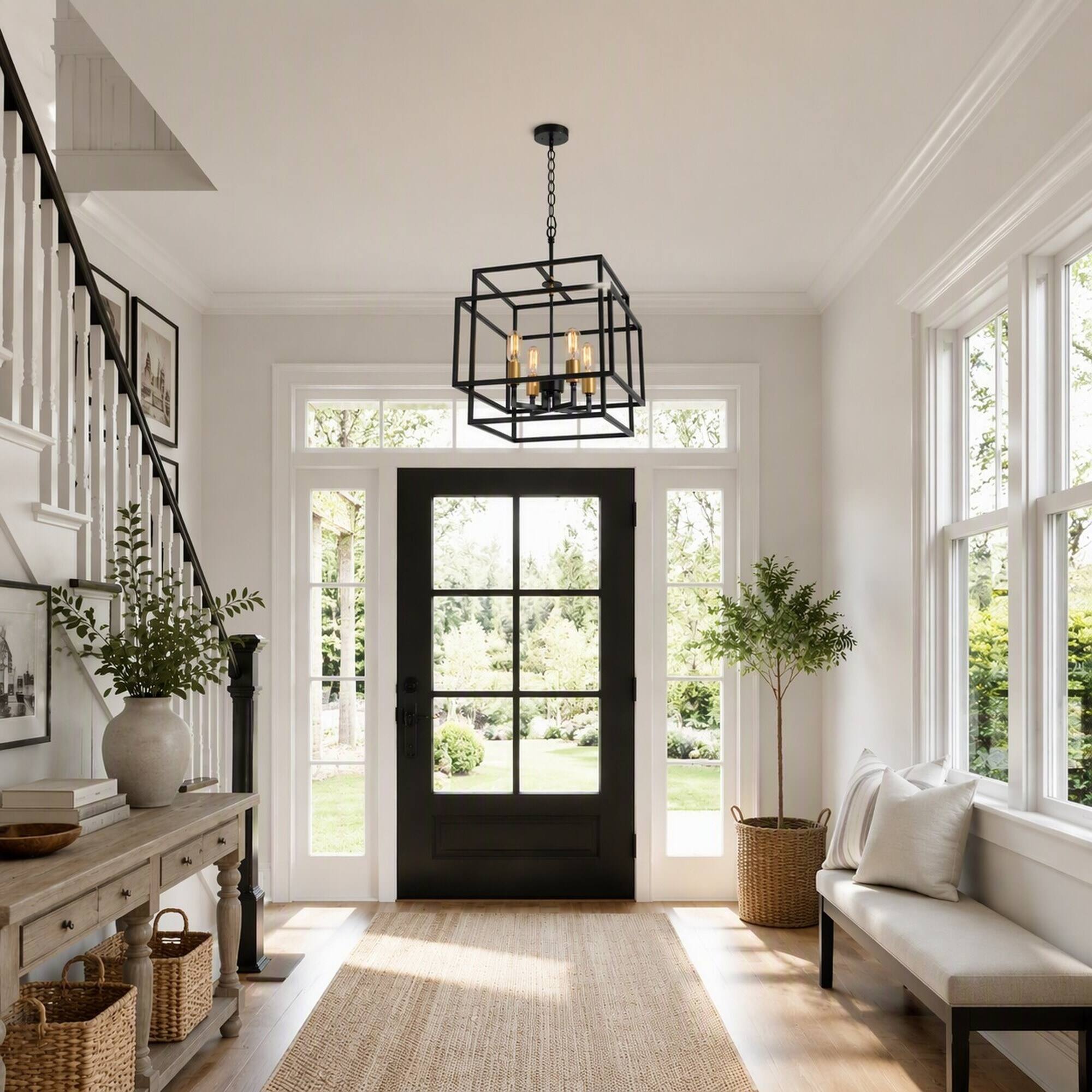 Back. RYHNUYNE - Square 4-Light Chandelier with Black and Gold Accents, Adjustable Chain for Sloped or Flat Ceilings, Ideal.