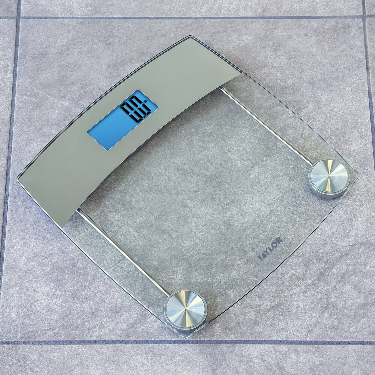 Angle. Taylor Precision Products - Digital Glass Bathroom Scale 440-Lb Capacity, Stainless Steel Accents - Clear.