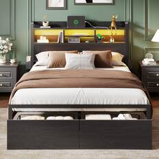 Front. Furnulem - Bed Metal Frame Adjustable Height with 3-Tier Shelf RGB LED Light Charging Station - Black.