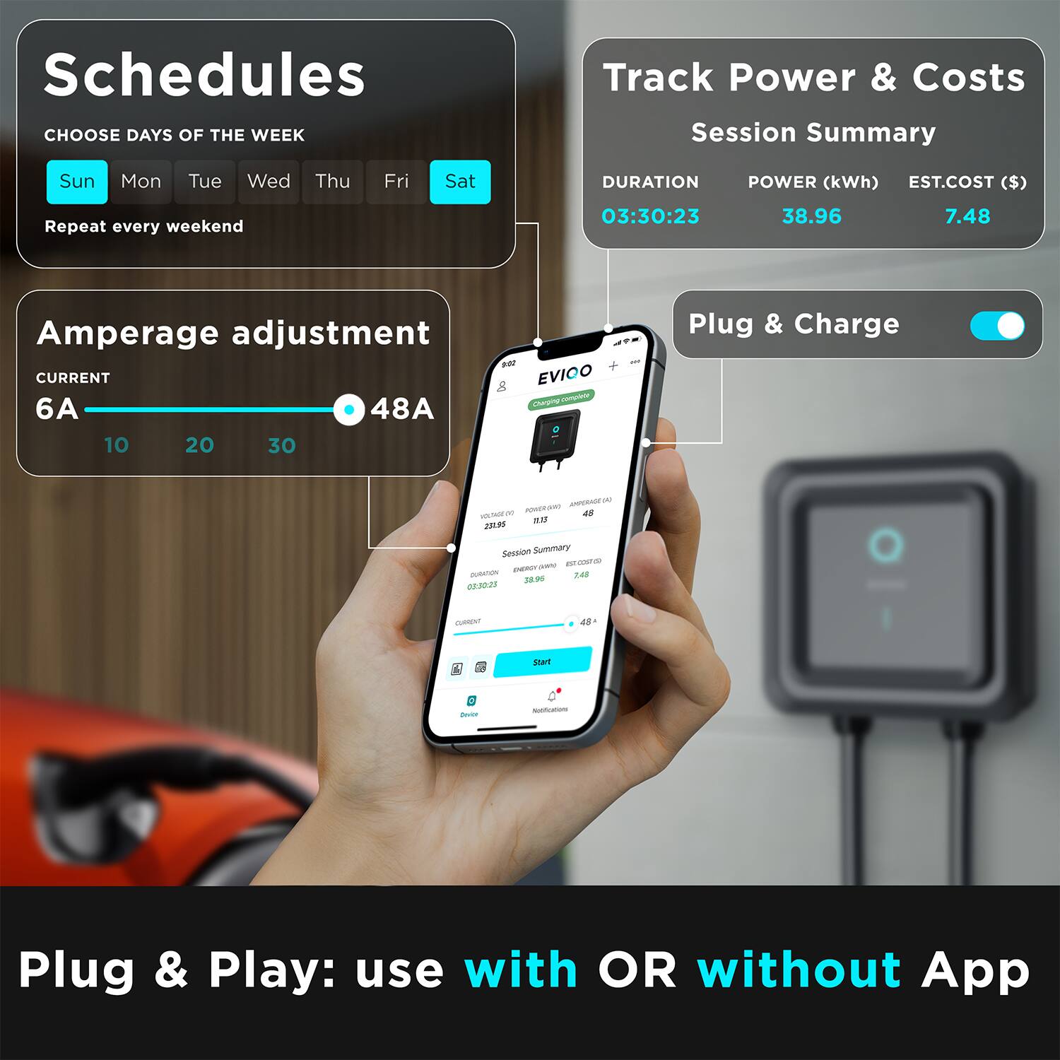 **Schedules**

- **CHOOSE DAYS OF THE WEEK**
  - Sun Mon Tue Wed Thu Fri Sat
  - Repeat every weekend

- **Amperage adjustment**
  - CURRENT 6A 48A
  - 10 20 30

**Track Power & Costs**

- **Session Summary**
  - DURATION 03:30:23
  - POWER (kWh) 38.96
  - EST.COST ($) 7.48

- **Plug & Charge**

**Plug & Play: use with OR without App**