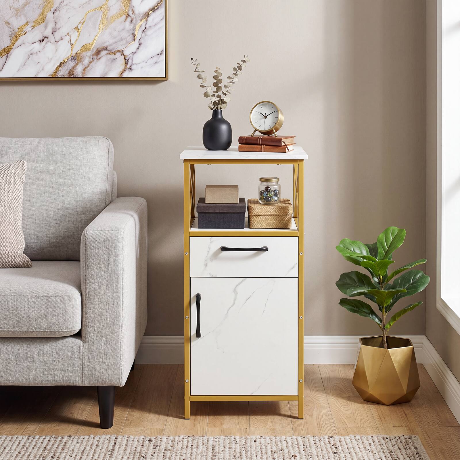 Alt View 1. Costway - Costway Bathroom Storage Cabinet with Drawer, Single Door & Open Shelf for Small Spaces - White & Golden.