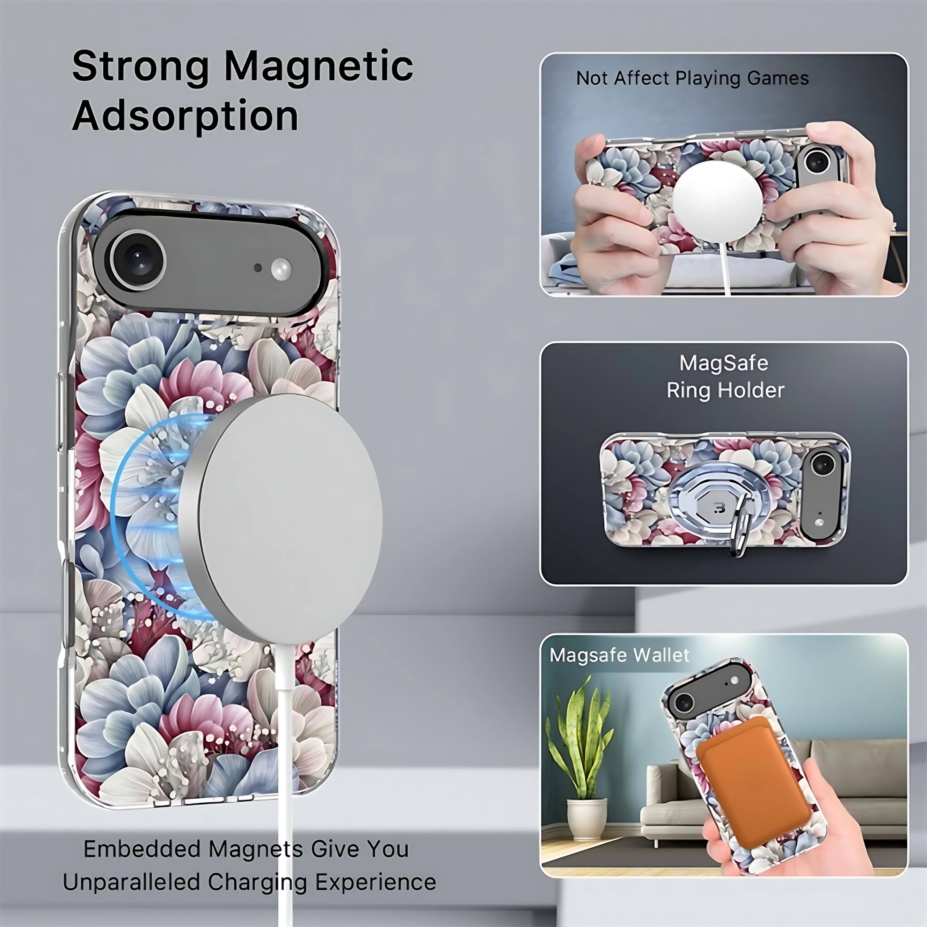 Strong Magnetic Adsorption  
Embedded Magnets Give You Unparalleled Charging Experience  

Not Affect Playing Games  

MagSafe Ring Holder  

Magsafe Wallet