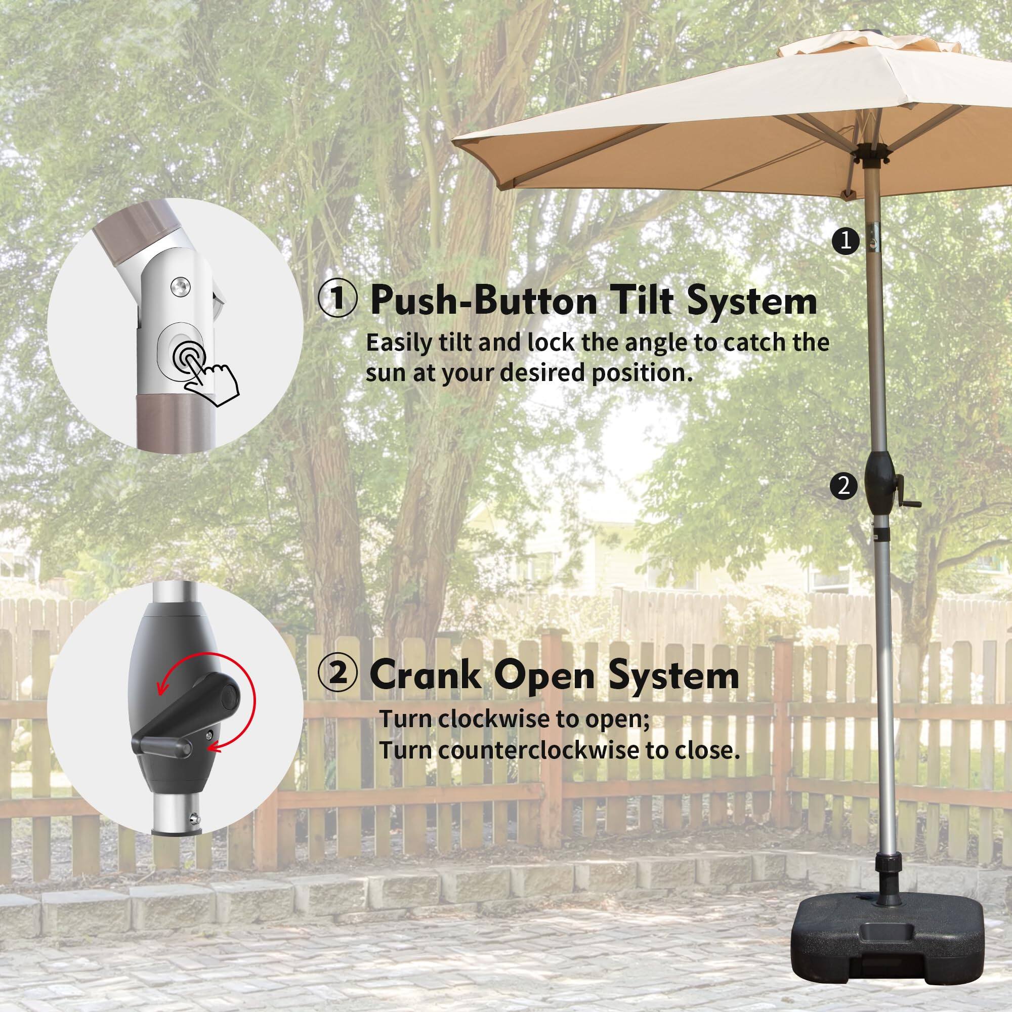 1. Push-Button Tilt System  
Easily tilt and lock the angle to catch the sun at your desired position.  

2. Crank Open System  
Turn clockwise to open; Turn counterclockwise to close.