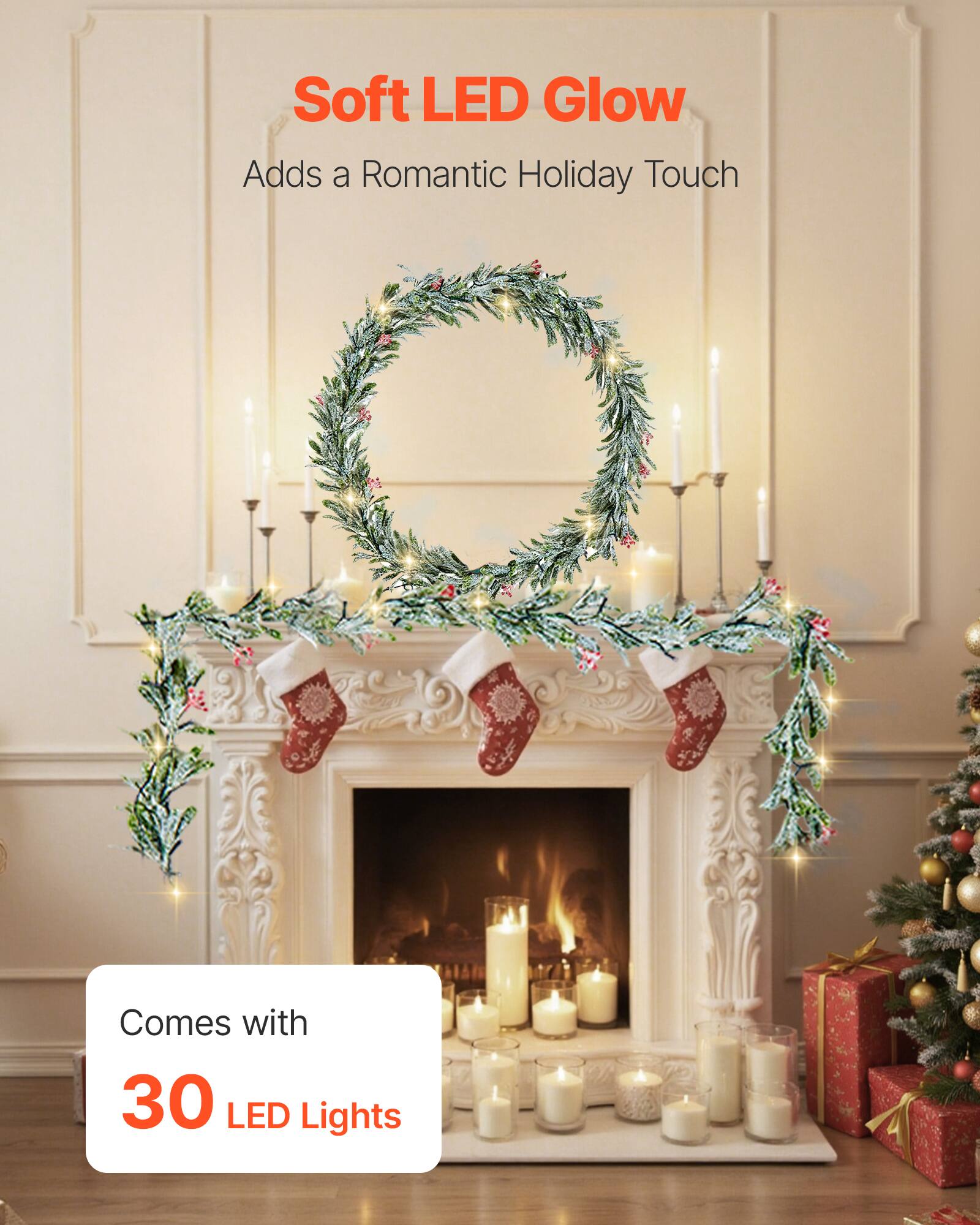 Soft LED Glow  
Adds a Romantic Holiday Touch  

Comes with  
30 LED Lights