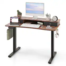Costway - 48"x 24" Electric Standing Desk with 2 Drawers Monitor Stand Storage Shelf - Brown