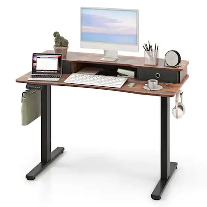 Front. Costway - Costway 48"x 24" Electric Standing Desk with 2 Drawers Monitor Stand Storage Shelf - Brown.