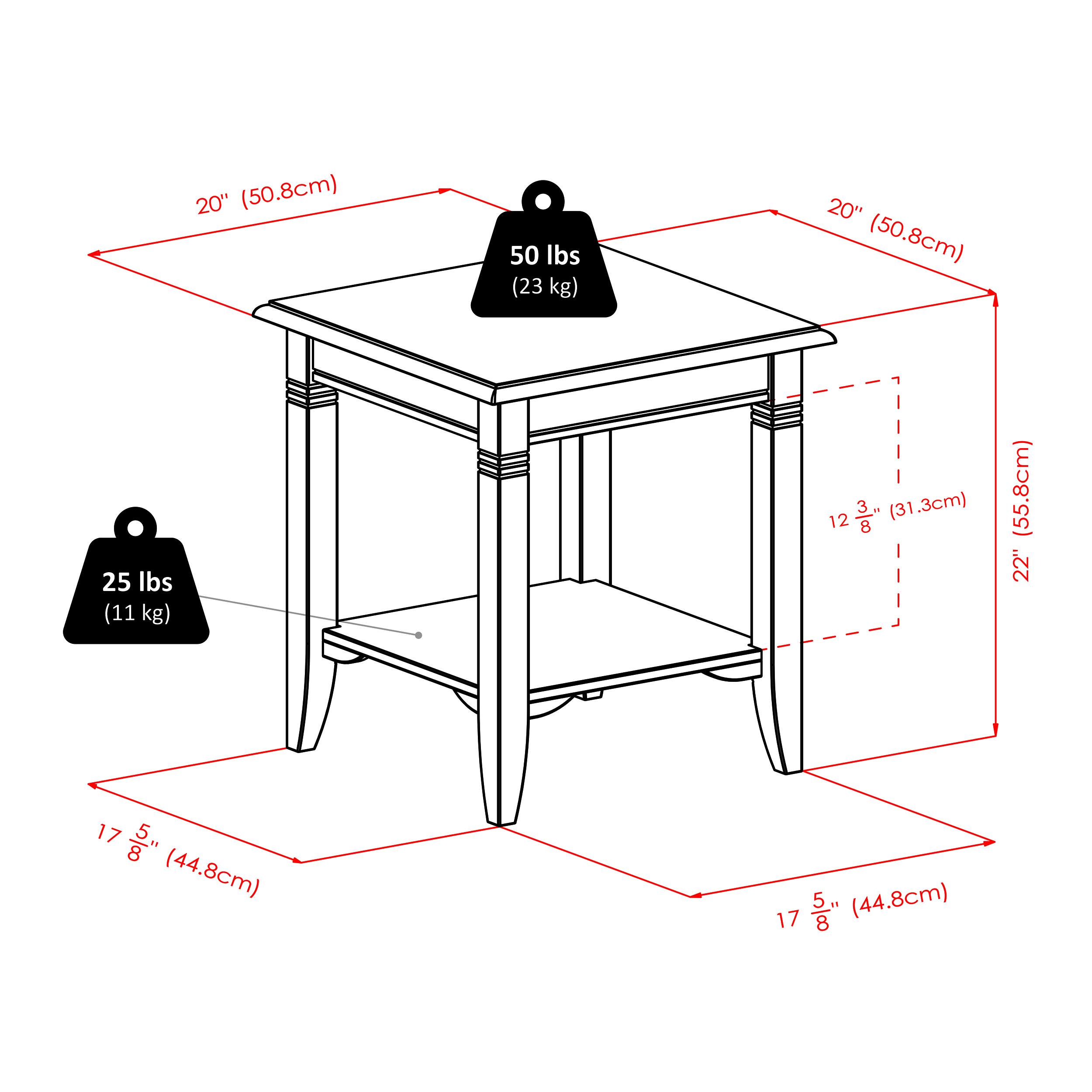 20" (50.8cm) x 20" (50.8cm) x 12 3/8" (31.3cm) x 17 5/8" (44.8cm) x 17 5/8" (44.8cm)  
50 lbs (23 kg)  
25 lbs (11 kg)