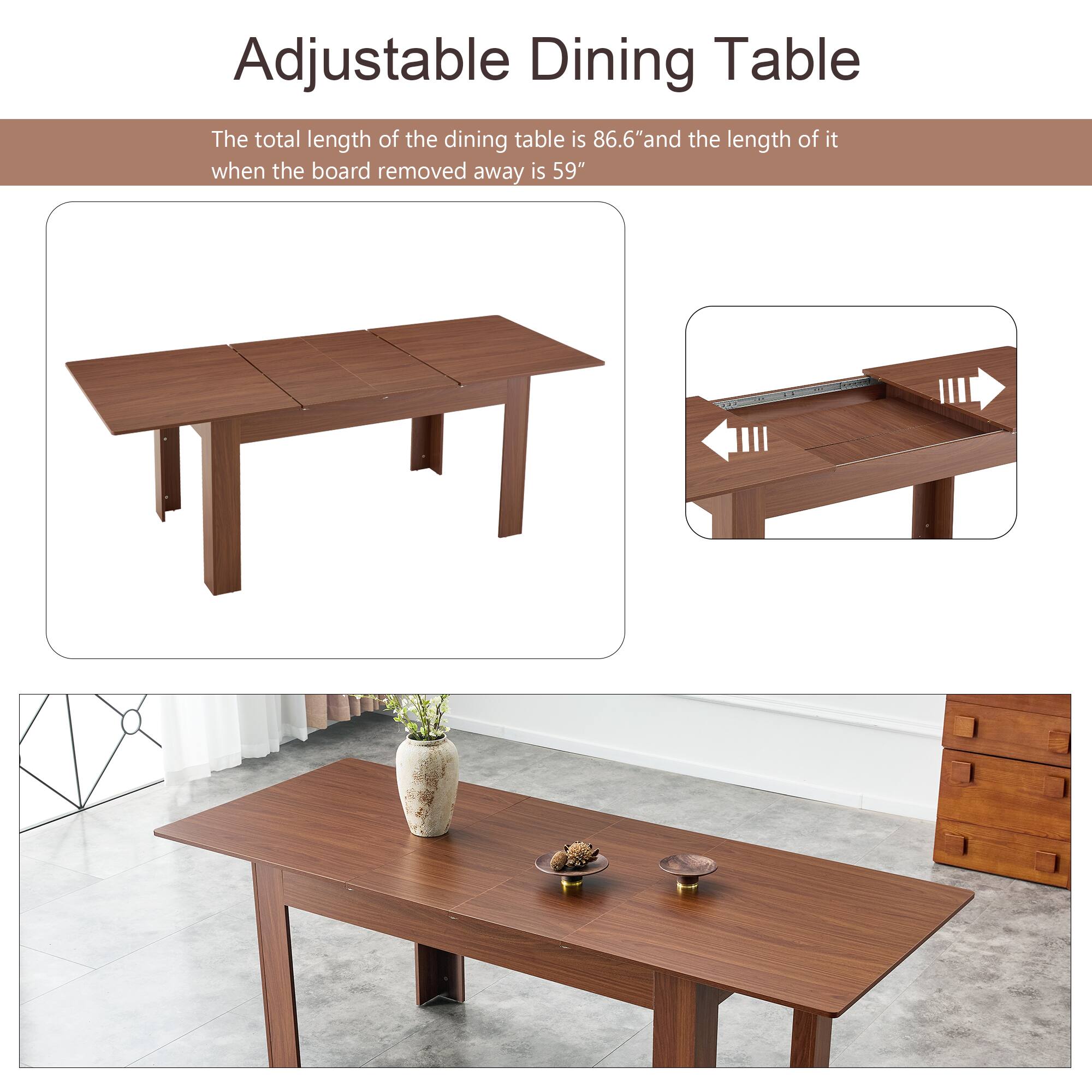 Adjustable Dining Table

The total length of the dining table is 86.6" and the length of it when the board removed away is 59"