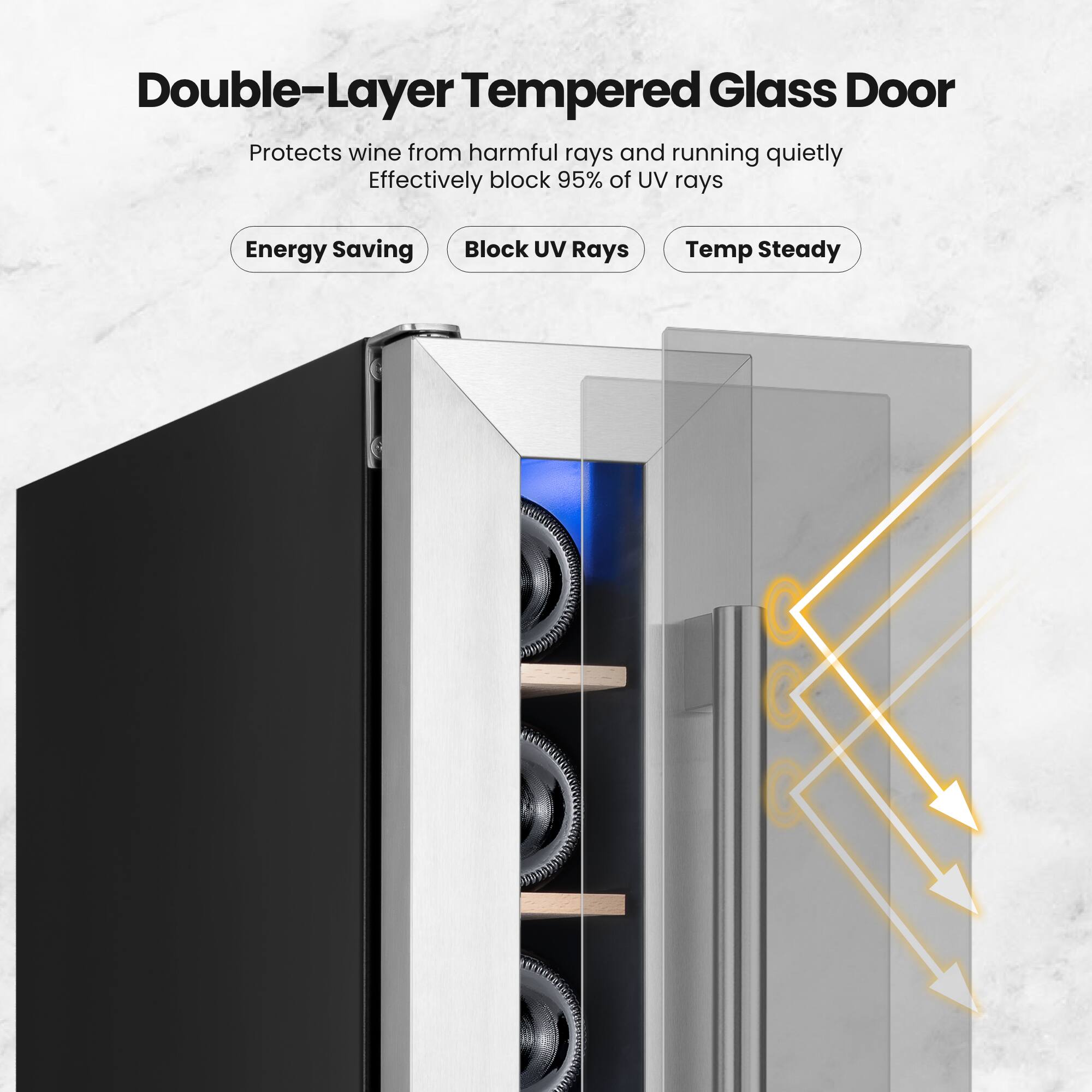 Double-Layer Tempered Glass Door  
Protects wine from harmful rays and running quietly  
Effectively block 95% of UV rays  
Energy Saving  
Block UV Rays  
Temp Steady