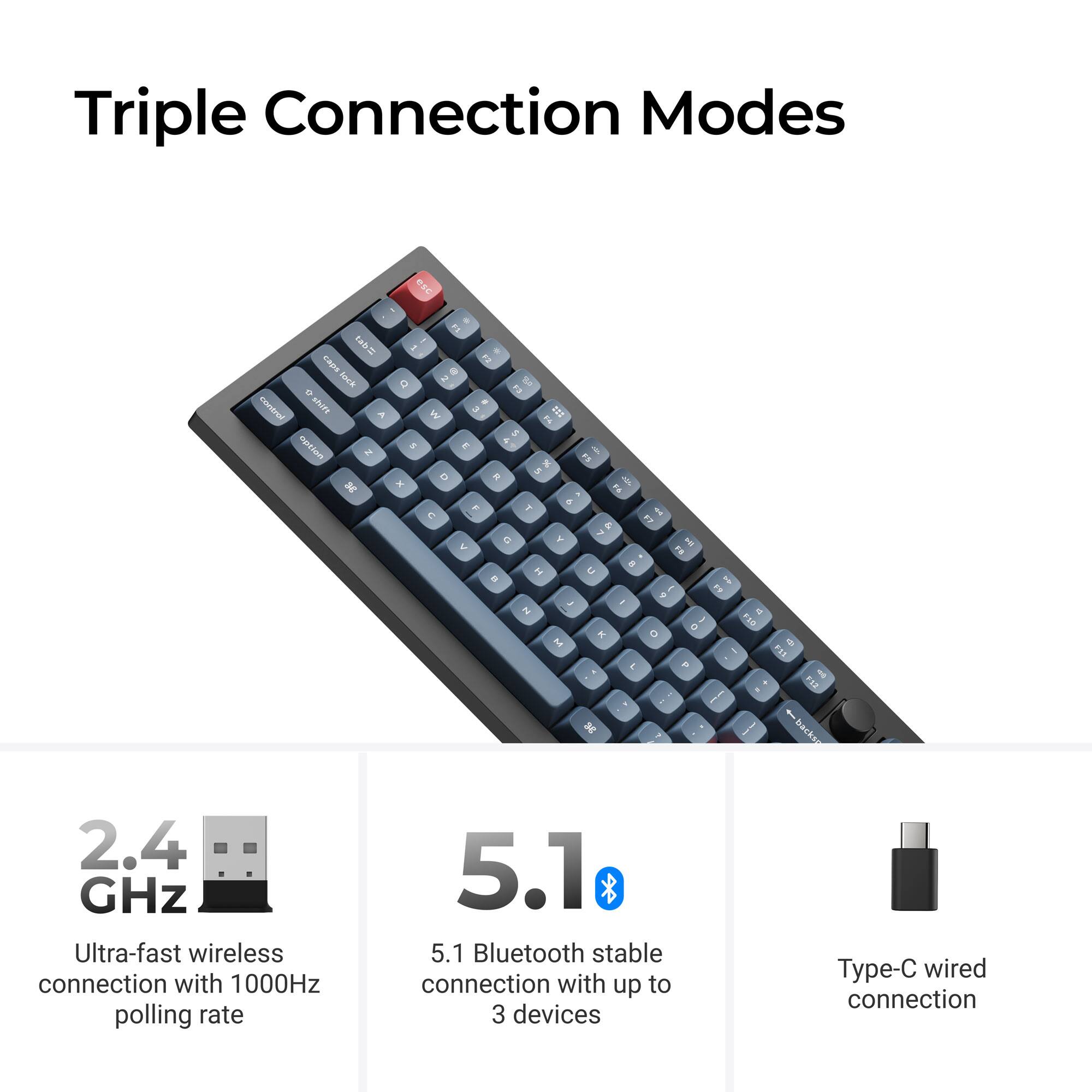 Triple Connection Modes

- 2.4 GHz Ultra-fast wireless connection with 1000Hz polling rate
- 5.1 Bluetooth stable connection with up to 3 devices
- Type-C wired connection