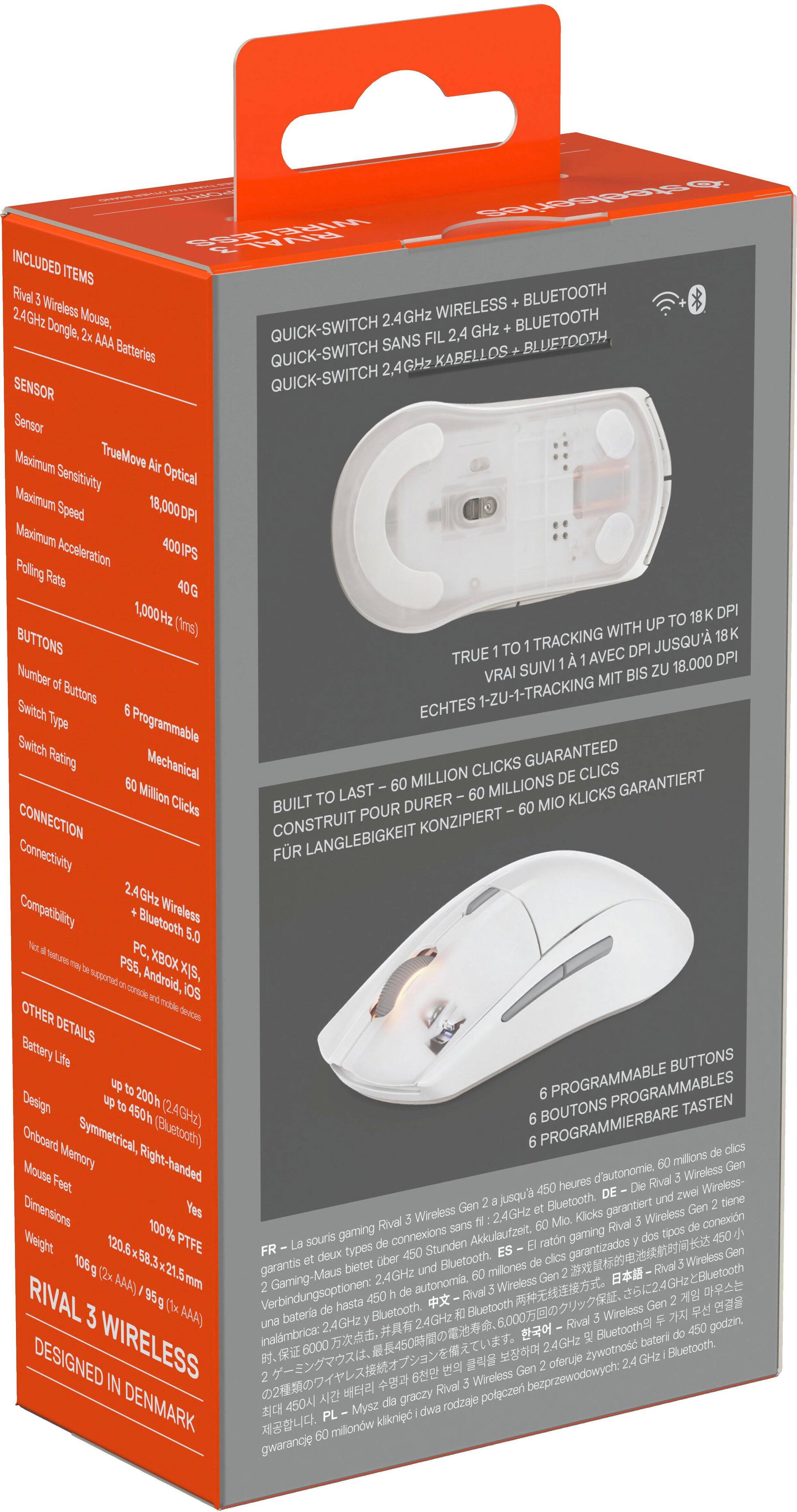 The image shows a box containing a wireless mouse and a Bluetooth dongle. The mouse is designed for use with a computer and is equipped with a 2.4 GHz Bluetooth dongle for wireless connectivity. The box also includes a quick-switch sensor, batteries, and a programmable switch for added convenience. The mouse is compatible with various devices, such as PCs, Xbox, PS5, and Android, and has a maximum true move sensitivity of 18,000 DPI. The box also claims that the mouse has a guaranteed million clicks, ensuring durability and reliability.