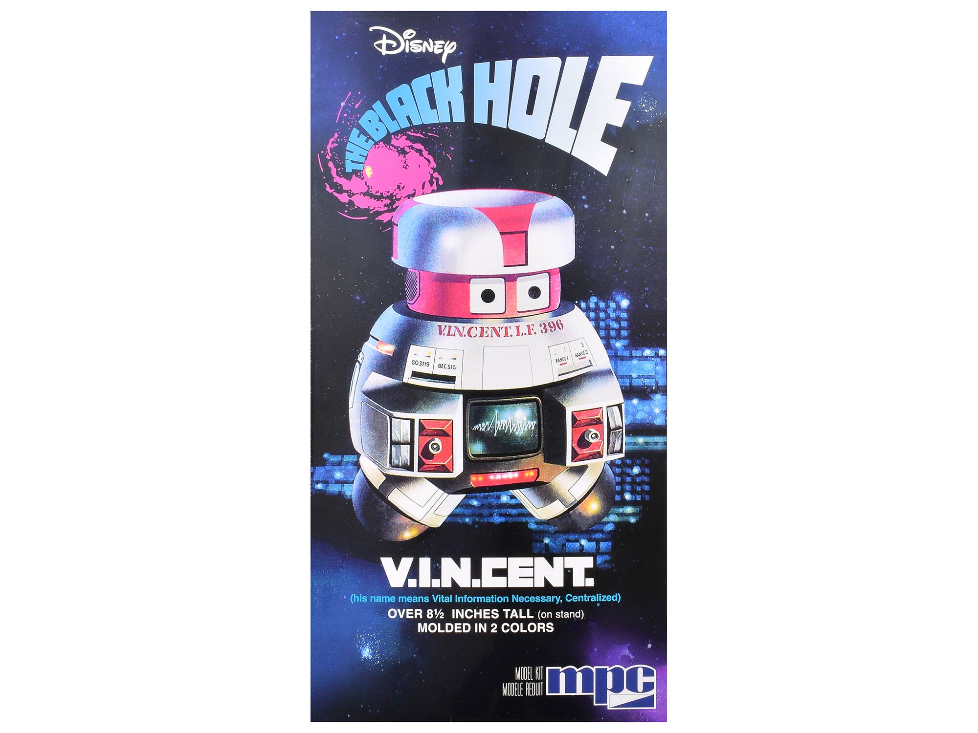 Disney THE BLACK HOLE VINCENT L. F. 396 MKET 00.319 EXO RECSIO wyom V.I.N.CENT. (his name means Vital Information Necessary, Centralized) OVER 8 1/2 INCHES TALL (on stand) MOLDED IN 2 COLORS MODEL A MODELE REDUIT mpc