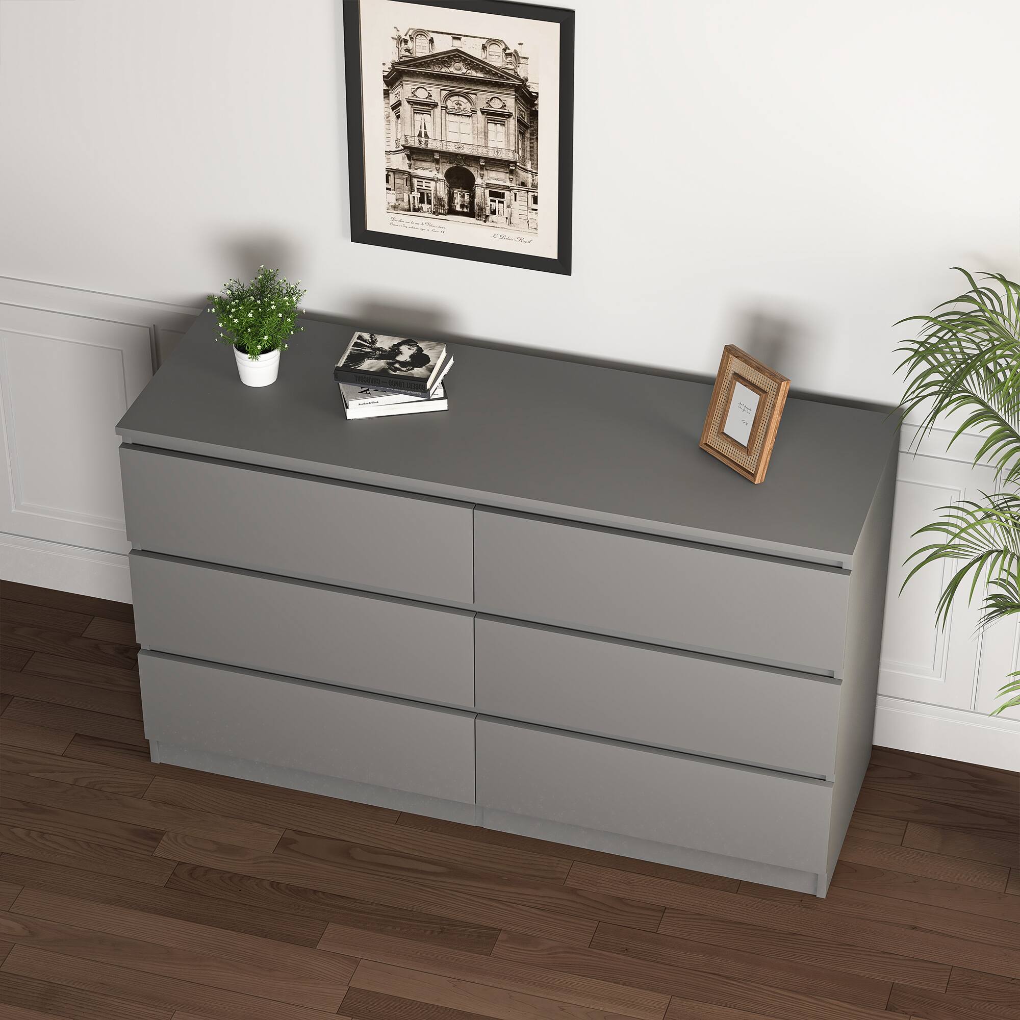Alt View 2. Kadyn - Modern Mid Century 6 Drawer Wide Dressers Chests for Bedroom, Chest of Drawer Organizer - Grey.