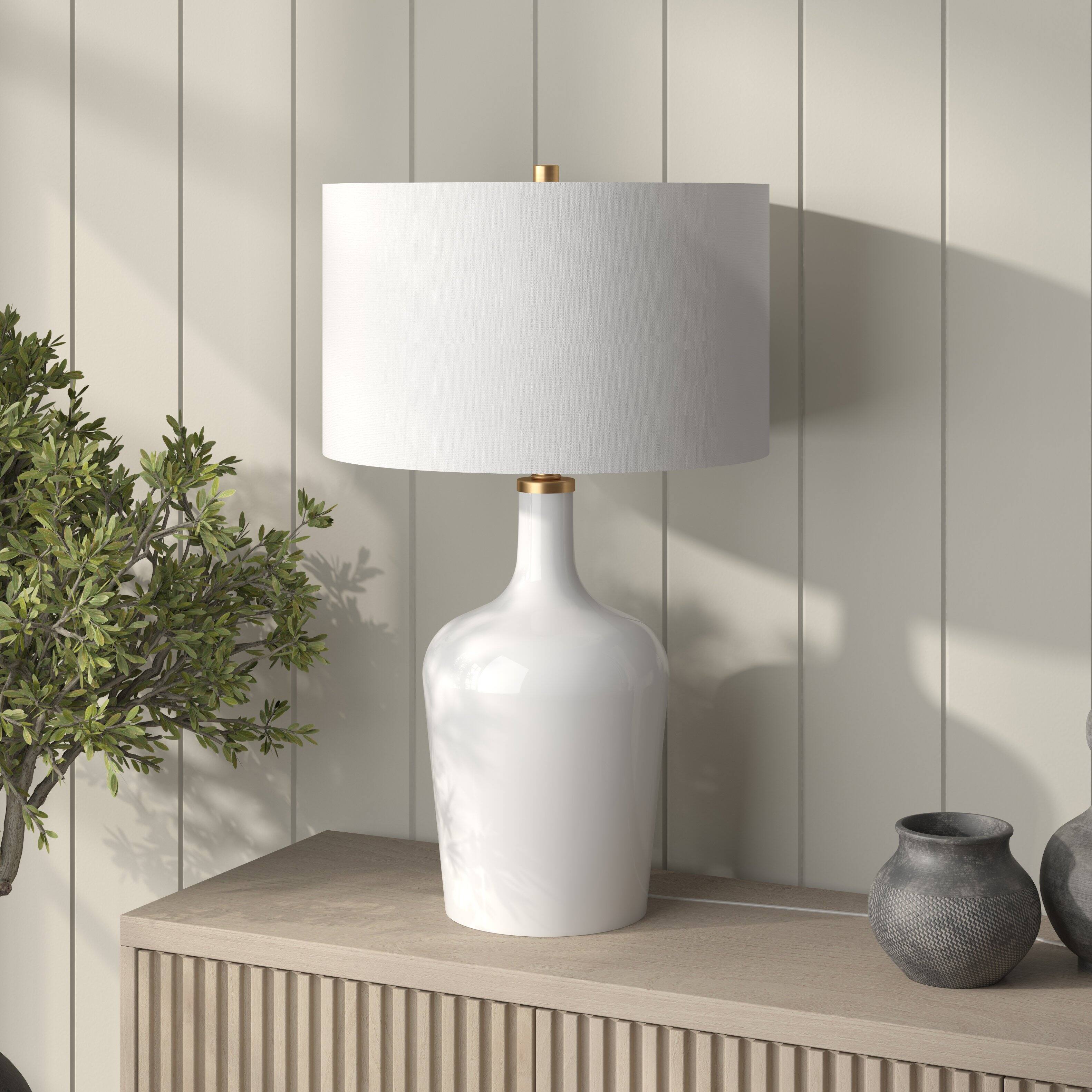 Left. Hudson&Canal - Sebago 25" Tall Table Lamp with Fabric Shade in White/White - White.