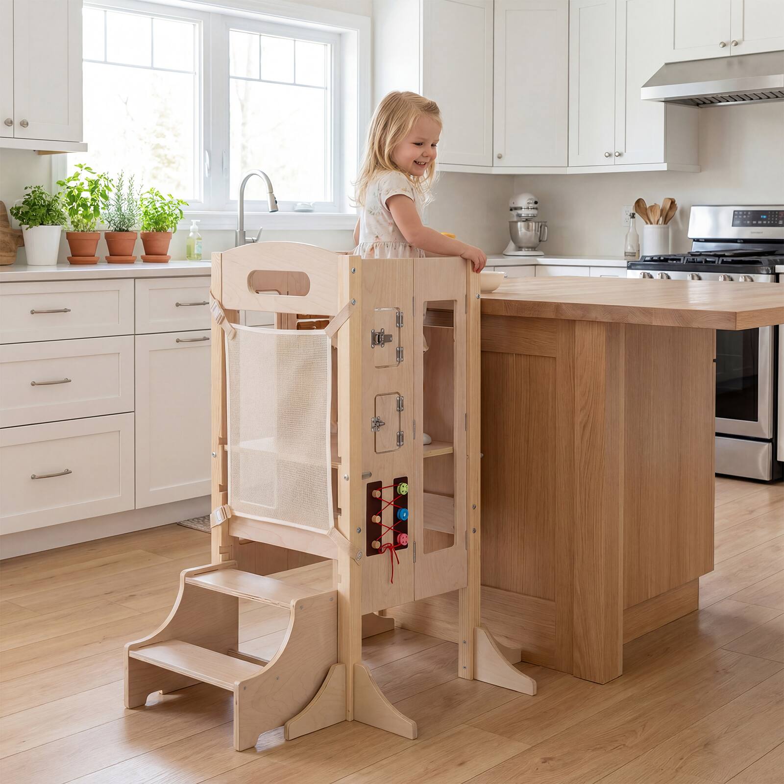 Alt View 3. Gymax - Gymax Foldable Toddler Step Stool Wooden Kitchen Standing Tower w/ 2-Setp Stool - Yellow.