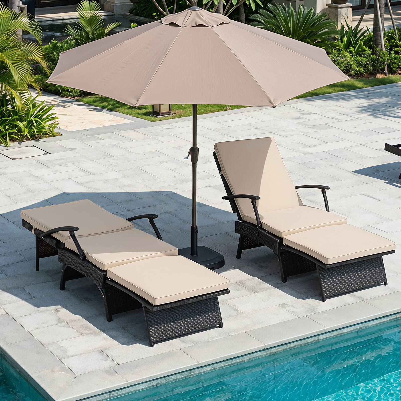 Alt View 3. Costway - Costway 1 PCS Folding Wicker Chaise Lounge with Slide-Out Ottoman, 11-Level Adjustable Backrest - Mix Brown+Beige.