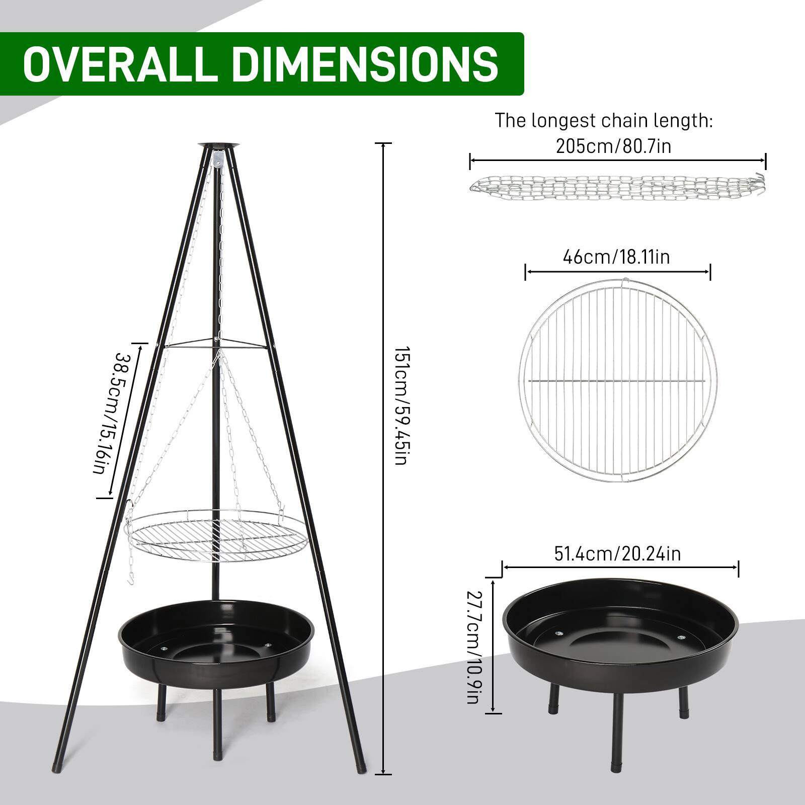 OVERALL DIMENSIONS

The longest chain length: 205cm/80.7in

- 38.5cm/15.16in
- 151cm/59.45in
- 27.7cm/10.9in
- 46cm/18.11in
- 51.4cm/20.24in