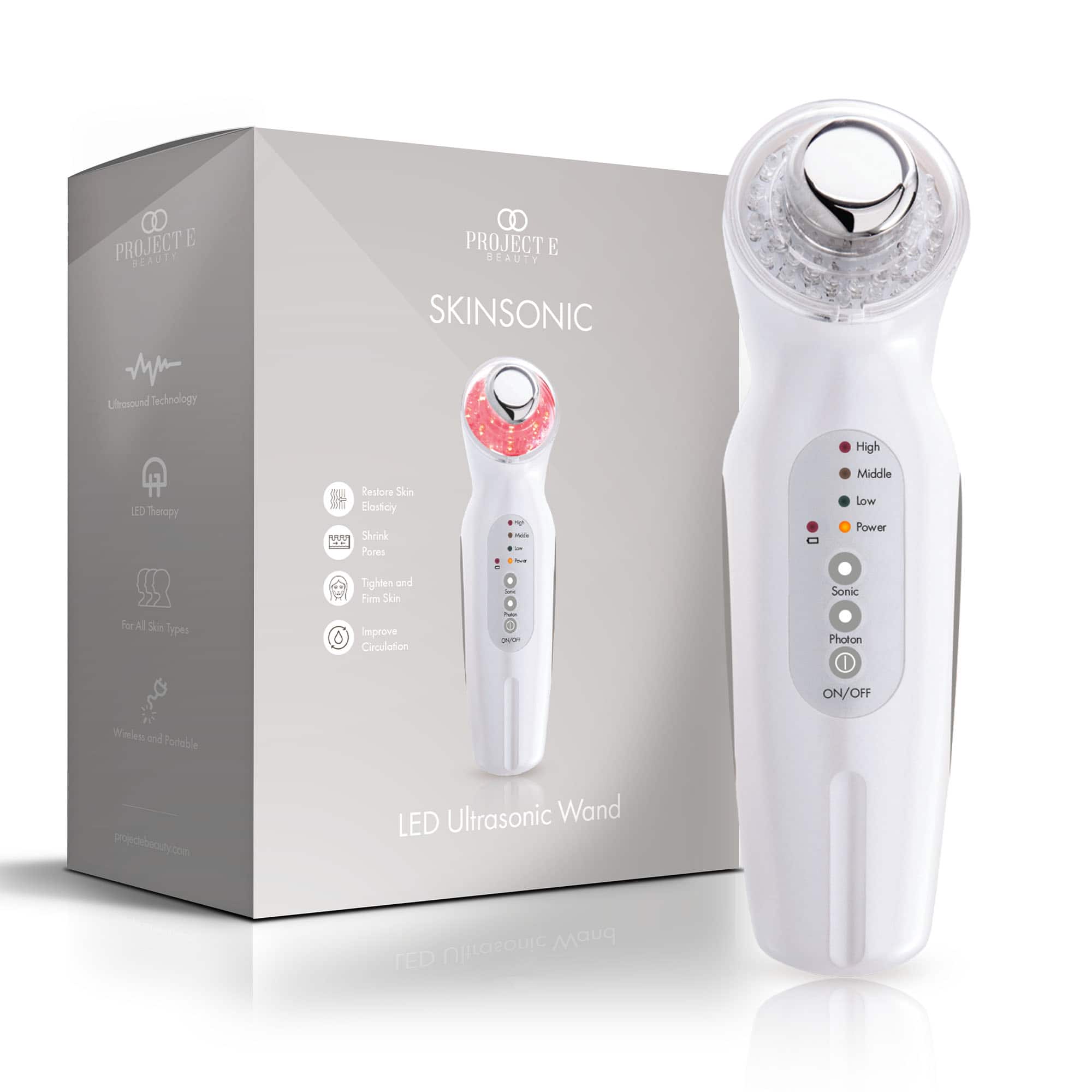 Project E Beauty - SkinSonic LED Ultrasonic Wand | LED Light Therapy | Vibration Therapy | Collagen Boost | Anti-Aging - White