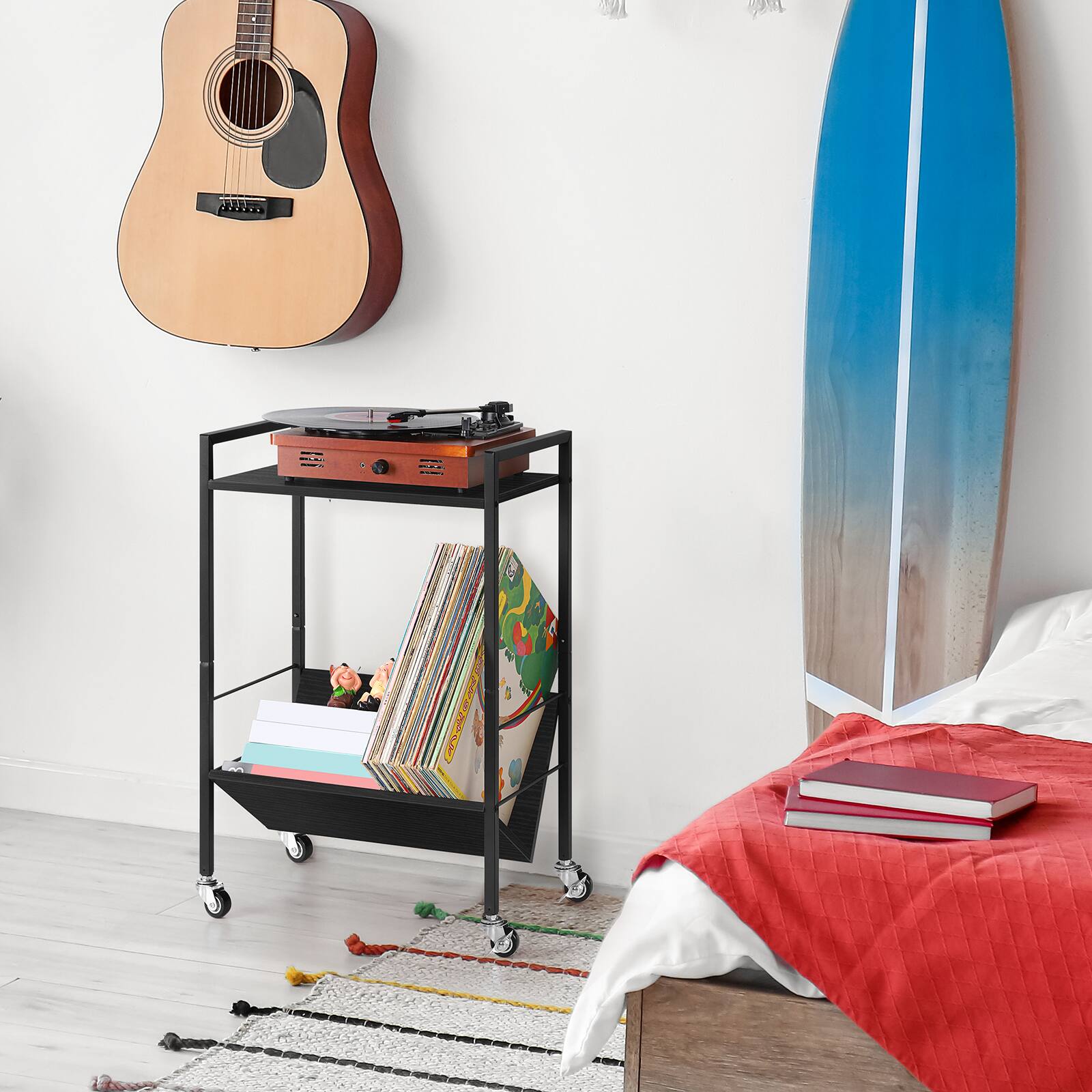 Left. Oumilen - Wood Grain 2-Tier Rolling Turntable Cart with V-Shaped Vinyl Storage, Matte Black Metal Frame - Black.