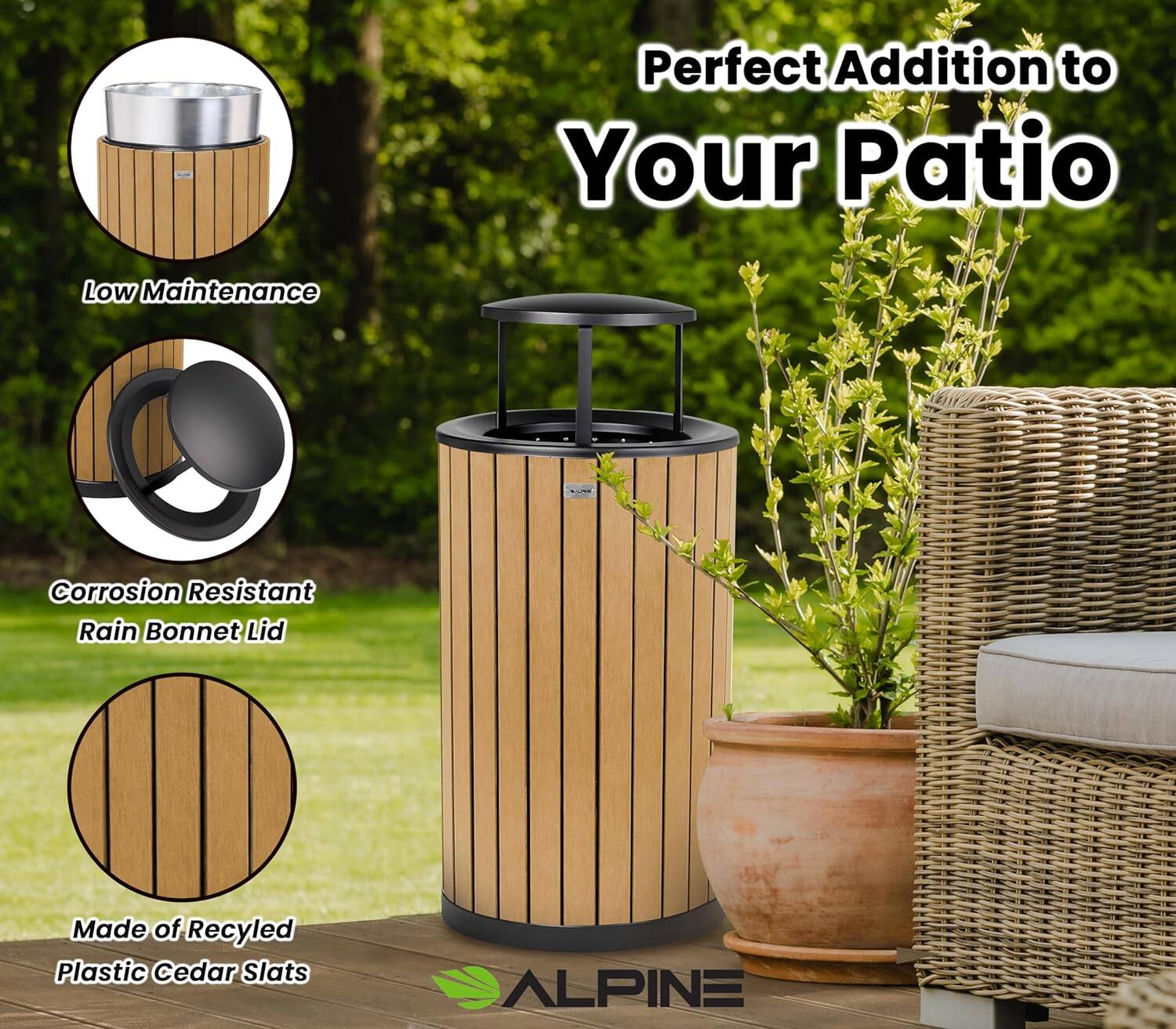 Perfect Addition to Your Patio

- Low Maintenance
- Corrosion Resistant Rain Bonnet Lid
- Made of Recycled Plastic Cedar Slats

ALPINE