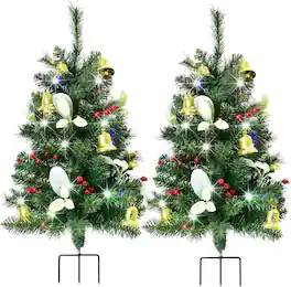 Oumilen - Set of 2 Outdoor Christmas Trees – 30in Pre-Lit Pathway Trees with 40 LED Lights, Timer & 8 Modes - Green