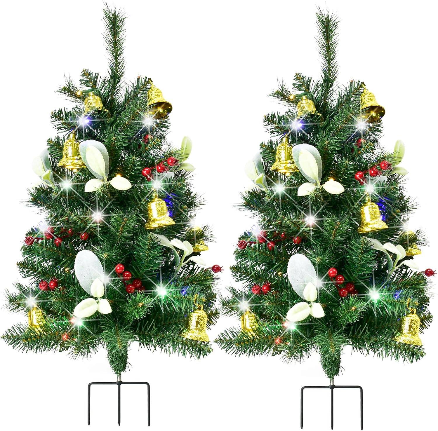 Front. Oumilen - Set of 2 Outdoor Christmas Trees – 30in Pre-Lit Pathway Trees with 40 LED Lights, Timer & 8 Modes - Green.