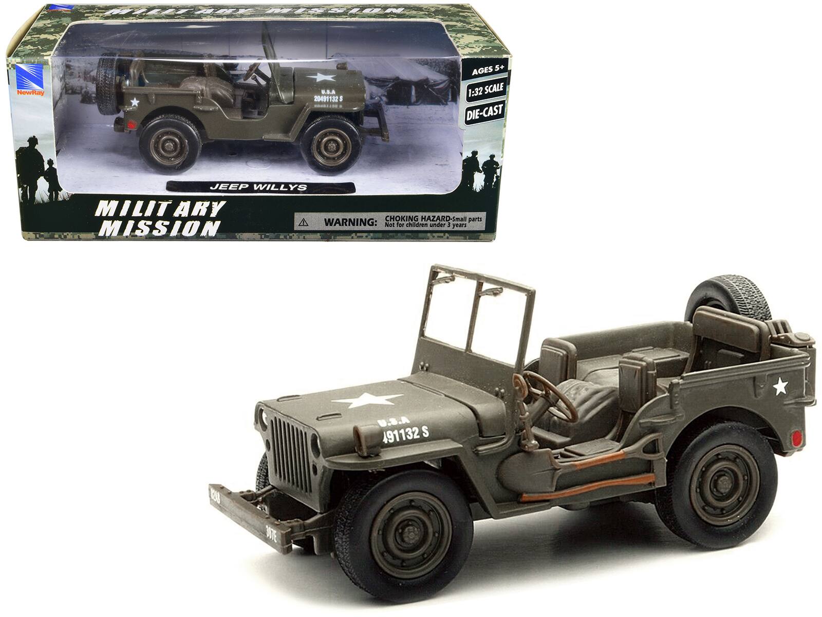 **MILITARY MISSION**

**JEEP WILLYS**

**AGES 5+**

**1:32 SCALE**

**DIE-CAST**

**WARNING: CHOKING HAZARD - Small parts. Not for children under 3 years.**

**U.S.A. 491132 S**

**NewRay**