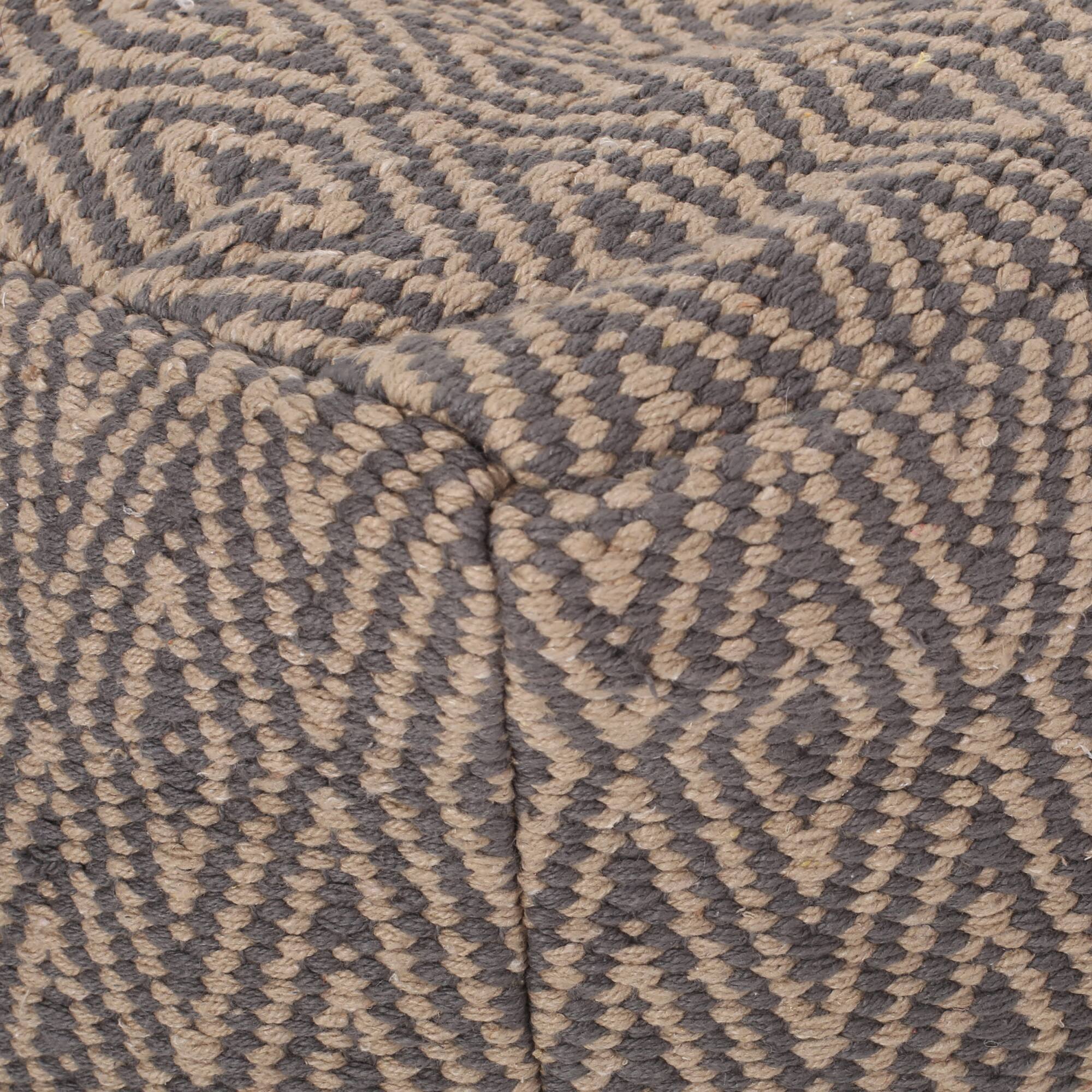 Back. GOODSILO - Hand-Loomed Cotton Pouf with Diamond Pattern in Neutral Tones - Grey+Brown.