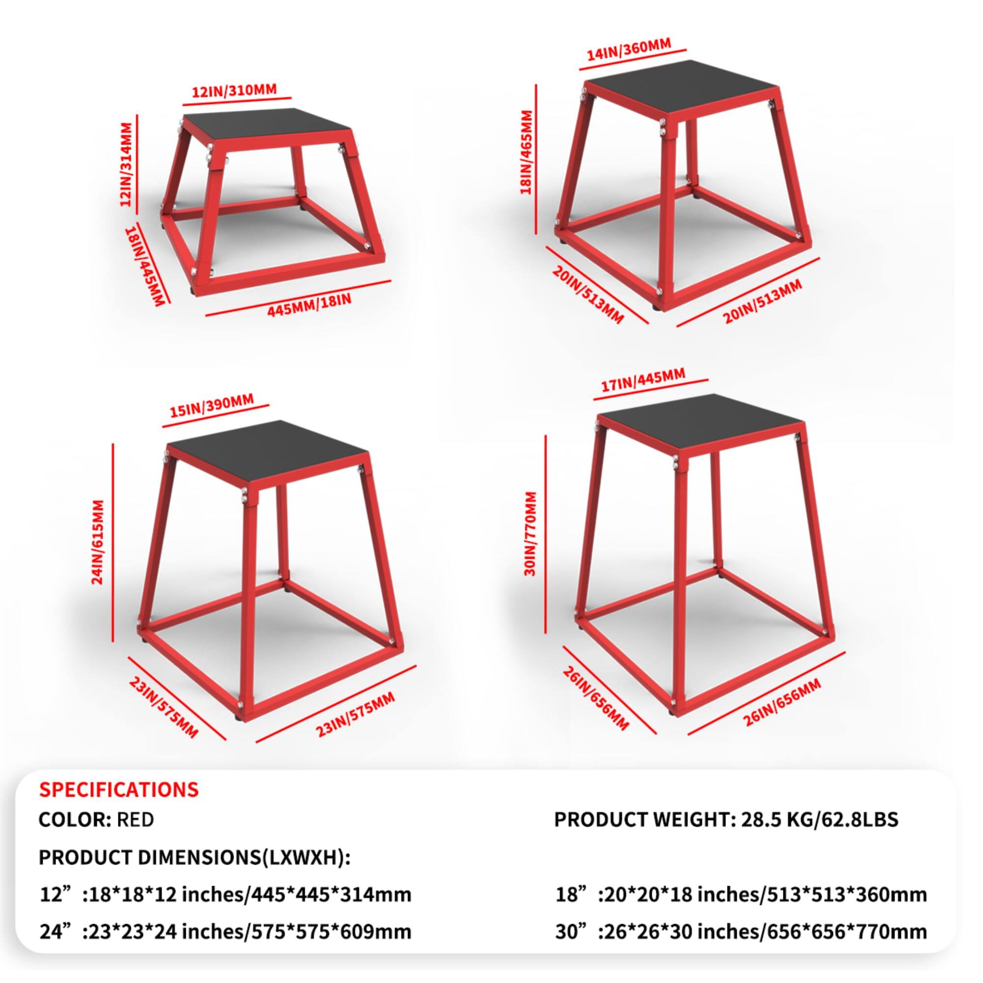 12IN/310MM  
12IN/314MM  
18IN/445MM  
445MM/18IN  
15IN/390MM  
14IN/360MM  
14IN  
18IN/465MM  
20IN/513MM  
20IN/513MM  
17IN/445MM  
24IN/615MM  
23IN/575MM  
23IN/575MM  

SPECIFICATIONS  
COLOR: RED  
PRODUCT DIMENSIONS (LXWXH):  
12": 18*18*12 inches/445*445*314mm  
24": 23*23*24 inches/575*575*609mm  
30IN/770MM  
26IN/656MM  
26IN/656MM  

PRODUCT WEIGHT: 28.5 KG/62.8LBS  
18": 20*20*18 inches/513*51