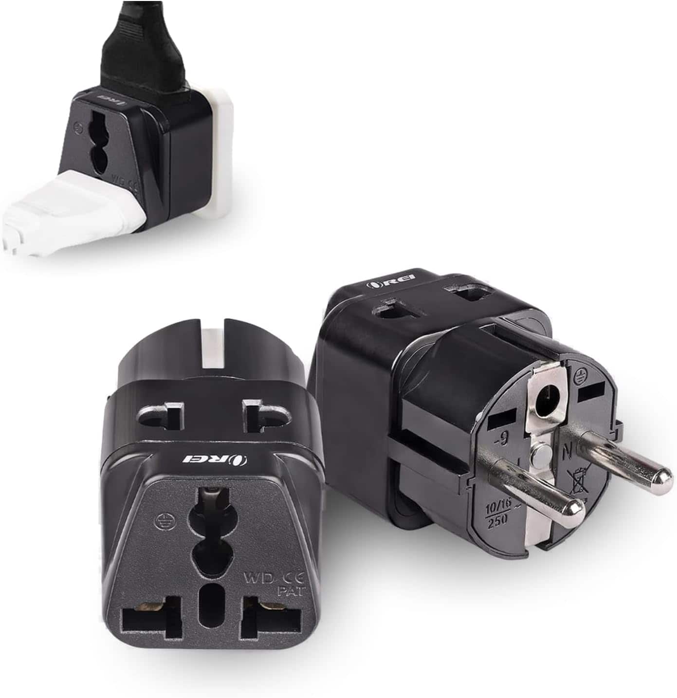 Orei - USA to Europe (Schuko) Travel Adapter Plug - 2 in 1 Type E/F Plug Adapter Perfect for Laptop, Camera Charger & More - Black