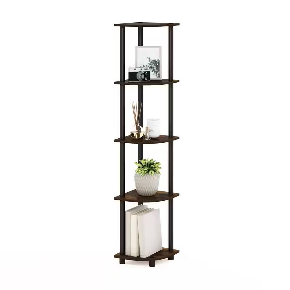 Angle. Hivvago - 5-Shelf Modern Corner Bookcase in Black Brown Wood Finish - Black Brown Wood Finish.