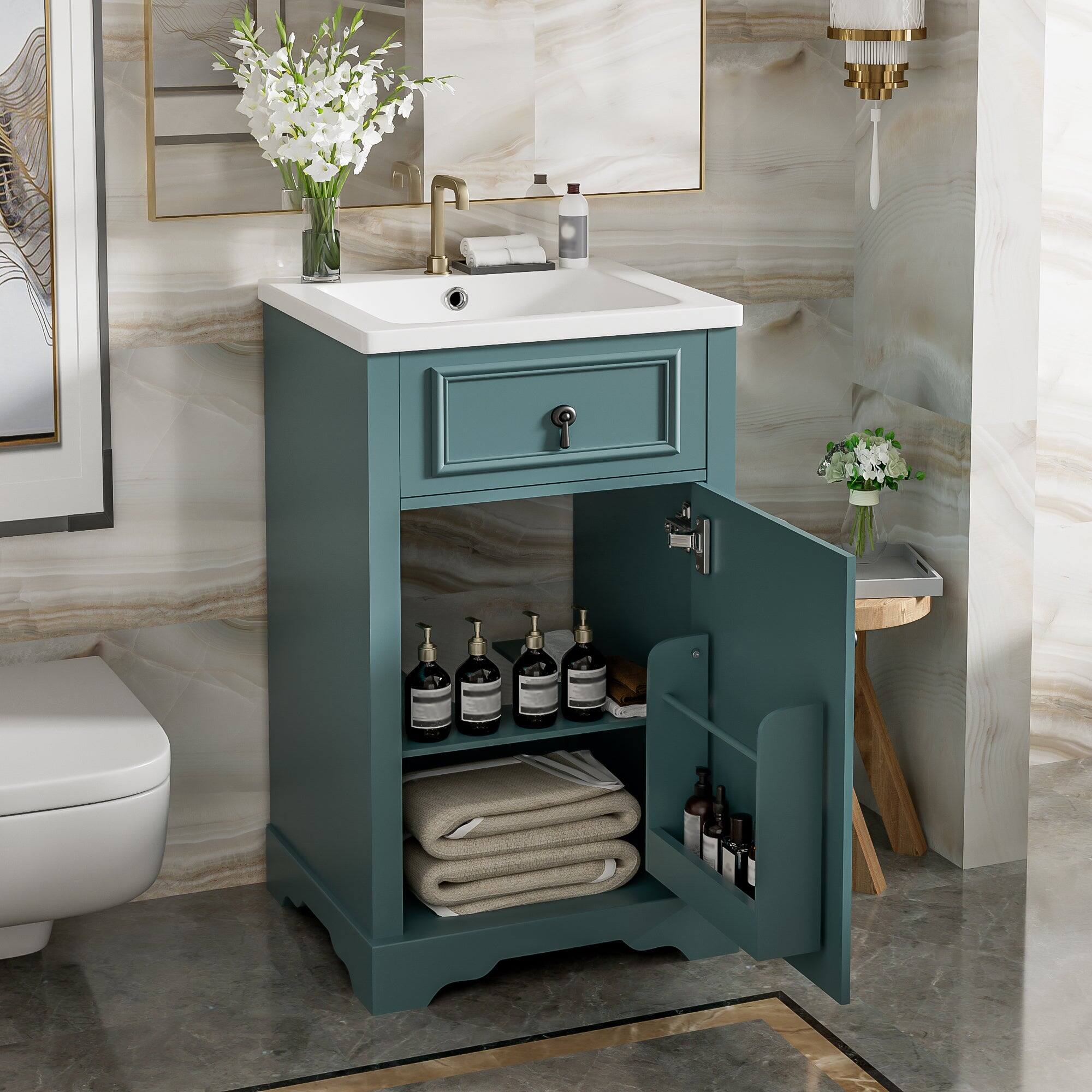 Alt View 5. Boyel Living - 20 Inch Green Bathroom Vanity with Ceramic Sink Soft Close Door Adjustable U-Shaped Shelf Door Storage Rack - Gray.