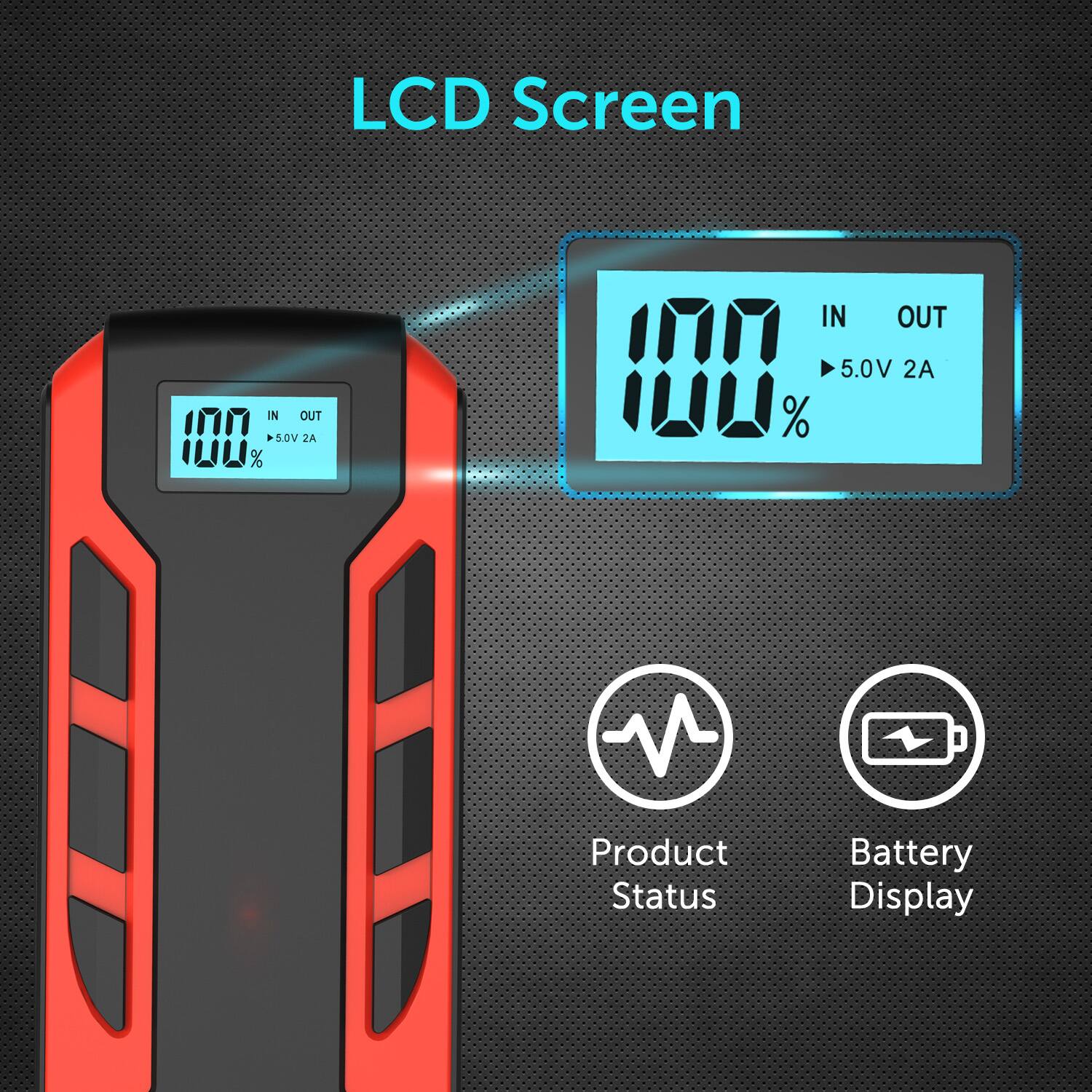 LCD Screen IN OUT 100% 5.0V 2A Product Status Battery Display
