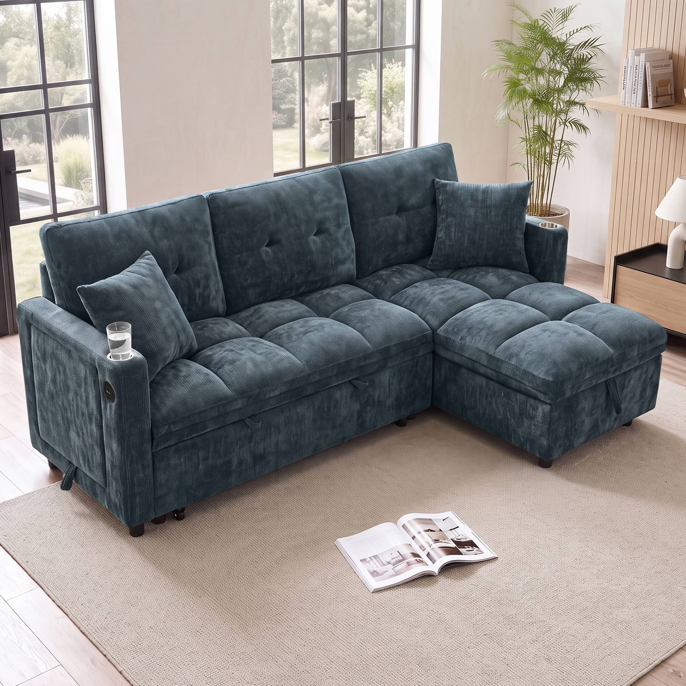 Angle. Anysun - Convertible Plush Sectional Sleeper Sofa with Pull-Out Couch Bed, Cloud Couch with Storage Chaise & USB Charging - Blue.