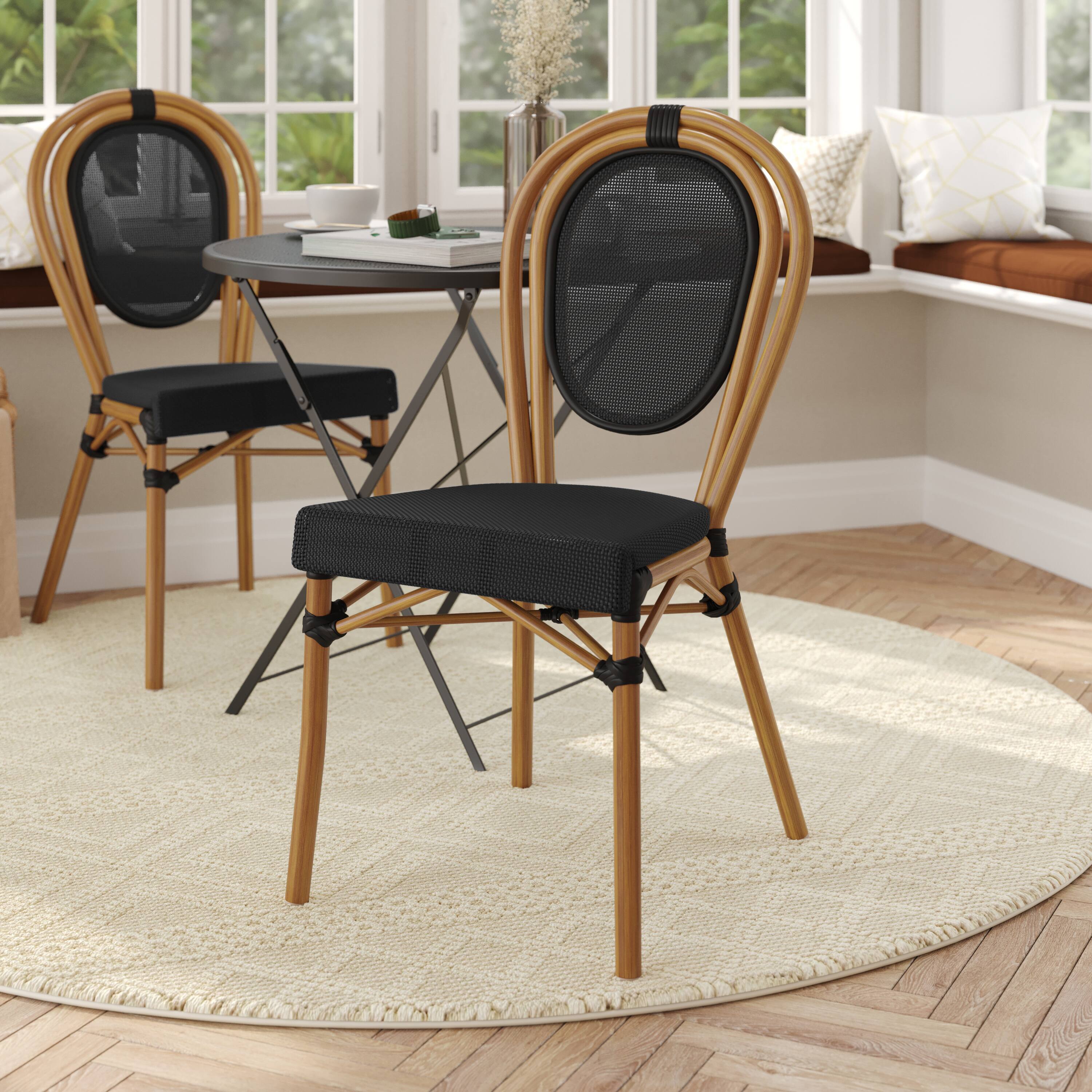 Alt View 1. Flash Furniture - Marseille Indoor/Outdoor Commercial Thonet Bistro Stacking Chair, Black Textilene and Bamboo Print Aluminum Frame in Nat - Black.