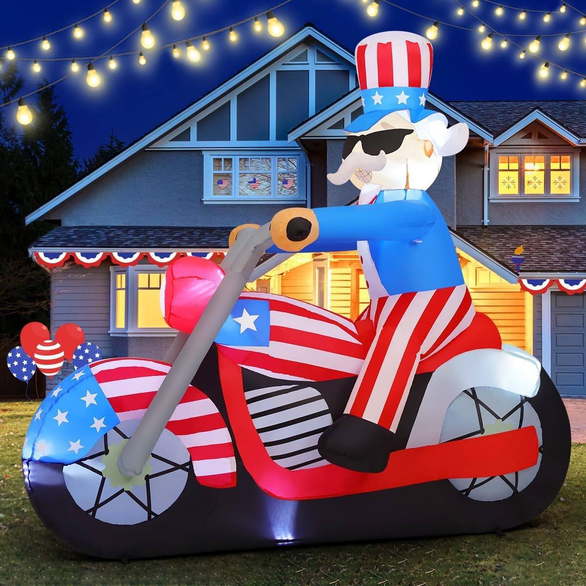 Angle. GOOSH Inflatables - GOOSH 6FT Patriotic Independence Day Inflatable Uncle Sam Sitting on Motorcycle with LED Lights - Blue.