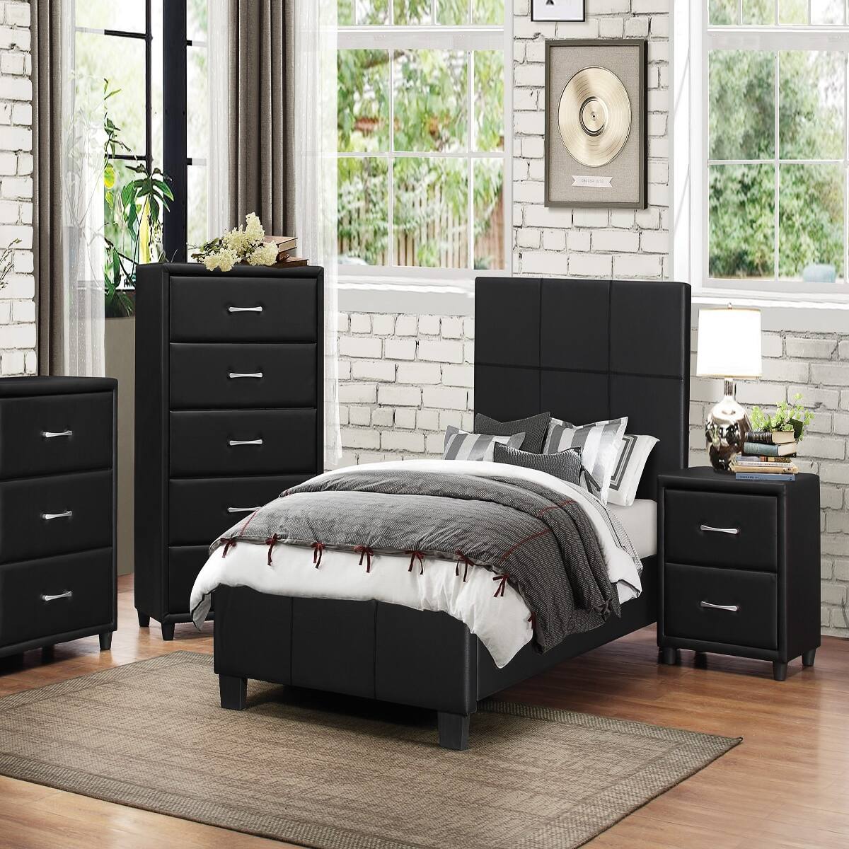 Alt View 3. Loheer - Loheer Black Faux Leather Nightstand with Two Drawers and Silver-Tone Pulls - Black.
