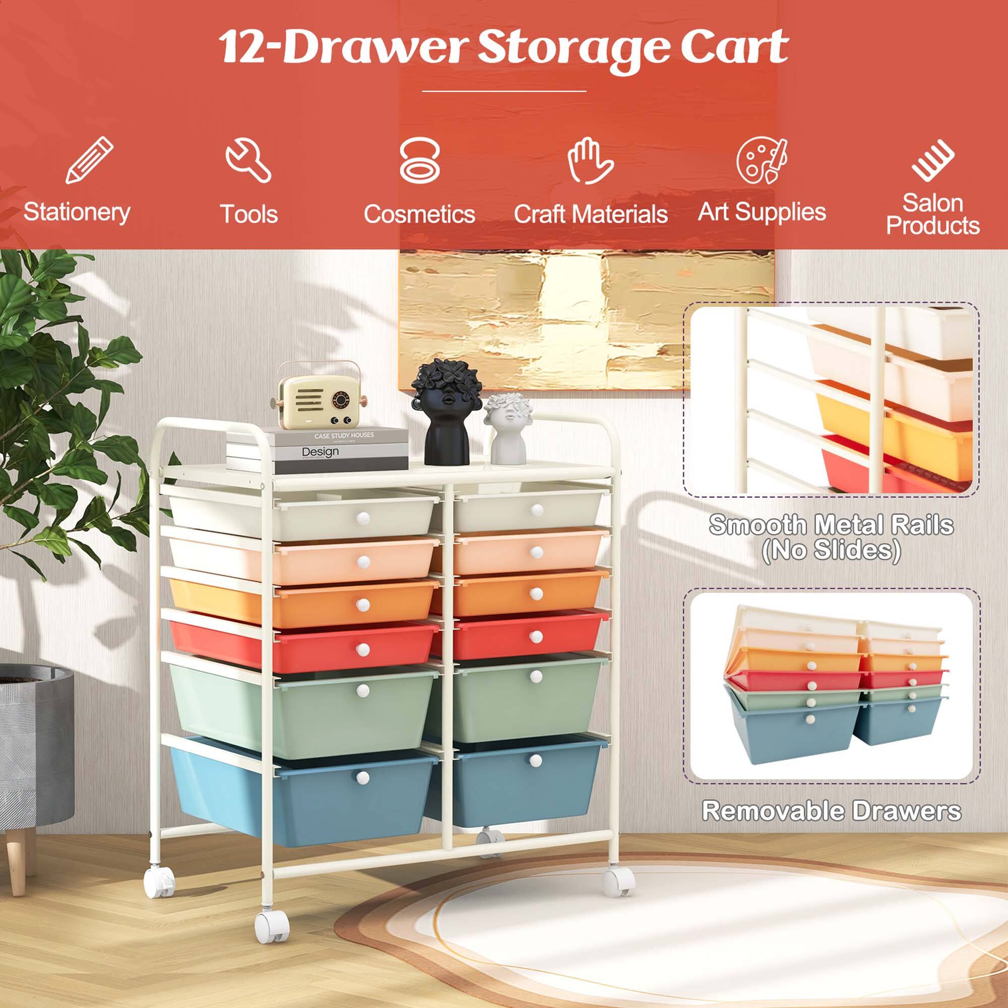 12-Drawer Storage Cart Stationery Tools Cosmetics Craft Materials Art Supplies Salon Products LAM ubH HOUSES AM Design Smooth Metal Rails (No Slides) Removable Drawers