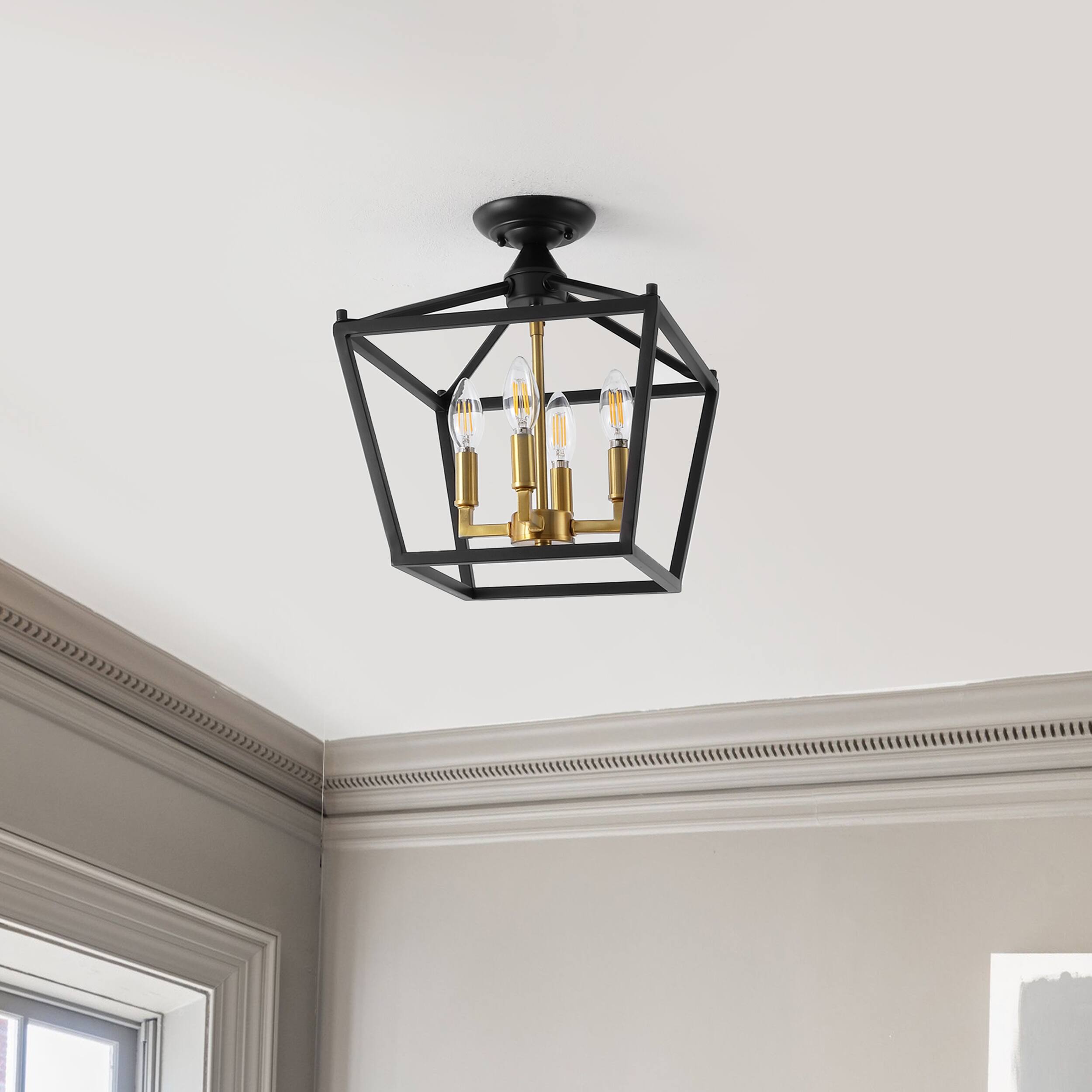 Alt View 5. Jonathan Y - Plains 12" 4-Light Modern Metal Open-Frame Pagoda LED Semi Flush Mount Mini Lantern, Oil Rubbed Bronze/Brass Gold - Oil Rubbed Bronze/Brass Gold.