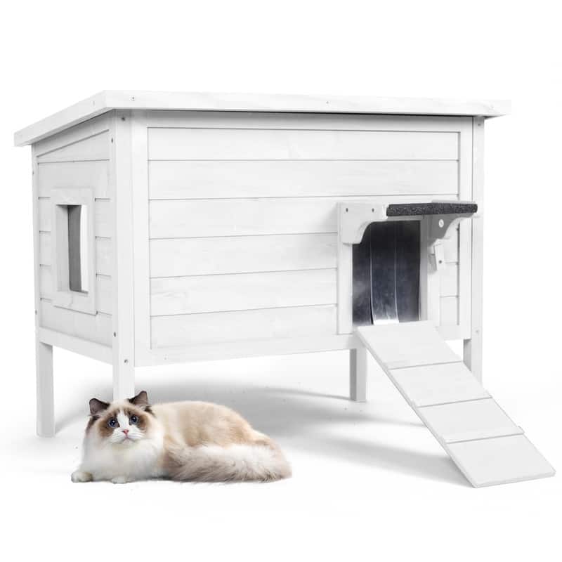 Front. FODINGHILL - Insulated Outdoor Cat House for Multiple Pets, Weatherproof Wood Shelter with Foldable Ladder & Acrylic Window, White.