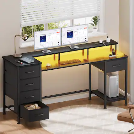 Front. Furnulem - 55 Inches Computer Desk with Monitor Stand Charging Station LED Lights Gaming Desk with Drawers for Home Office - Black.