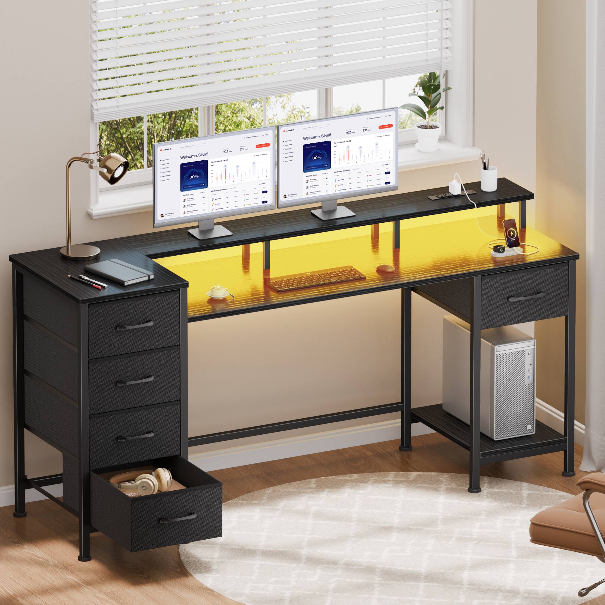 Front. Furnulem - 55 Inches Computer Desk with Monitor Stand Charging Station  LED Lights Gaming Desk with Drawers for Home Office - Black.