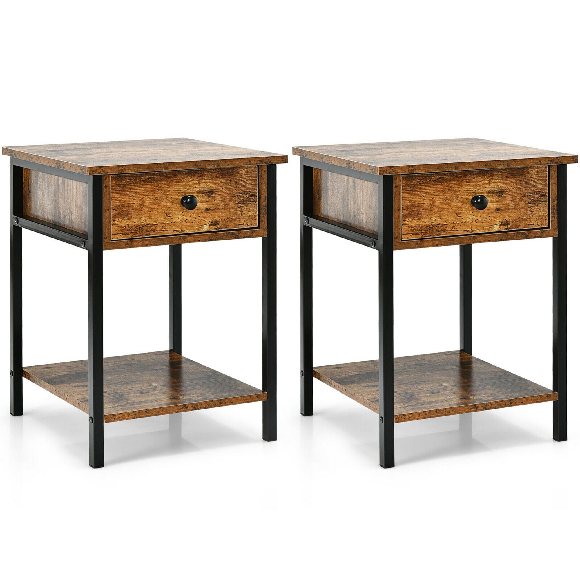 Front. Gymax - Gymax 2PCS Industrial End Side Table Nightstand with Drawer Shelf Rustic Brown - Rustic Brown.