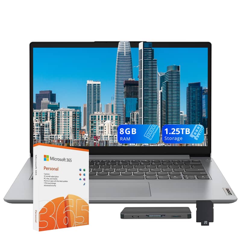 Lenovo - Ideapad 1i 14" HD Laptop,Intel Celeron N4500,8GB RAM,128GB eMMC+128GB SSD+1TB Dock,1 Year Office 365,Win 11 - Gray