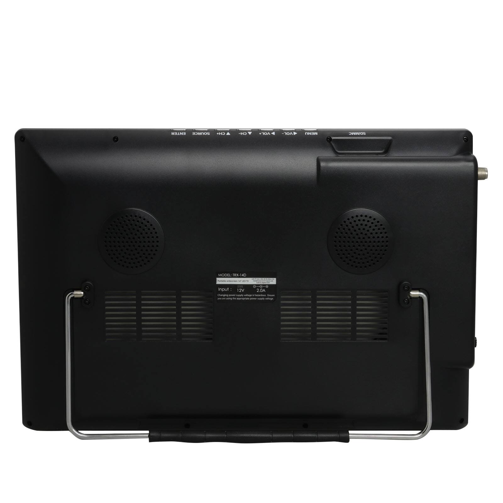 The image shows a black television set with a silver frame. The TV has a remote control attached to it, and there are two speakers on the front of the television. The model number of the TV is WI9S.